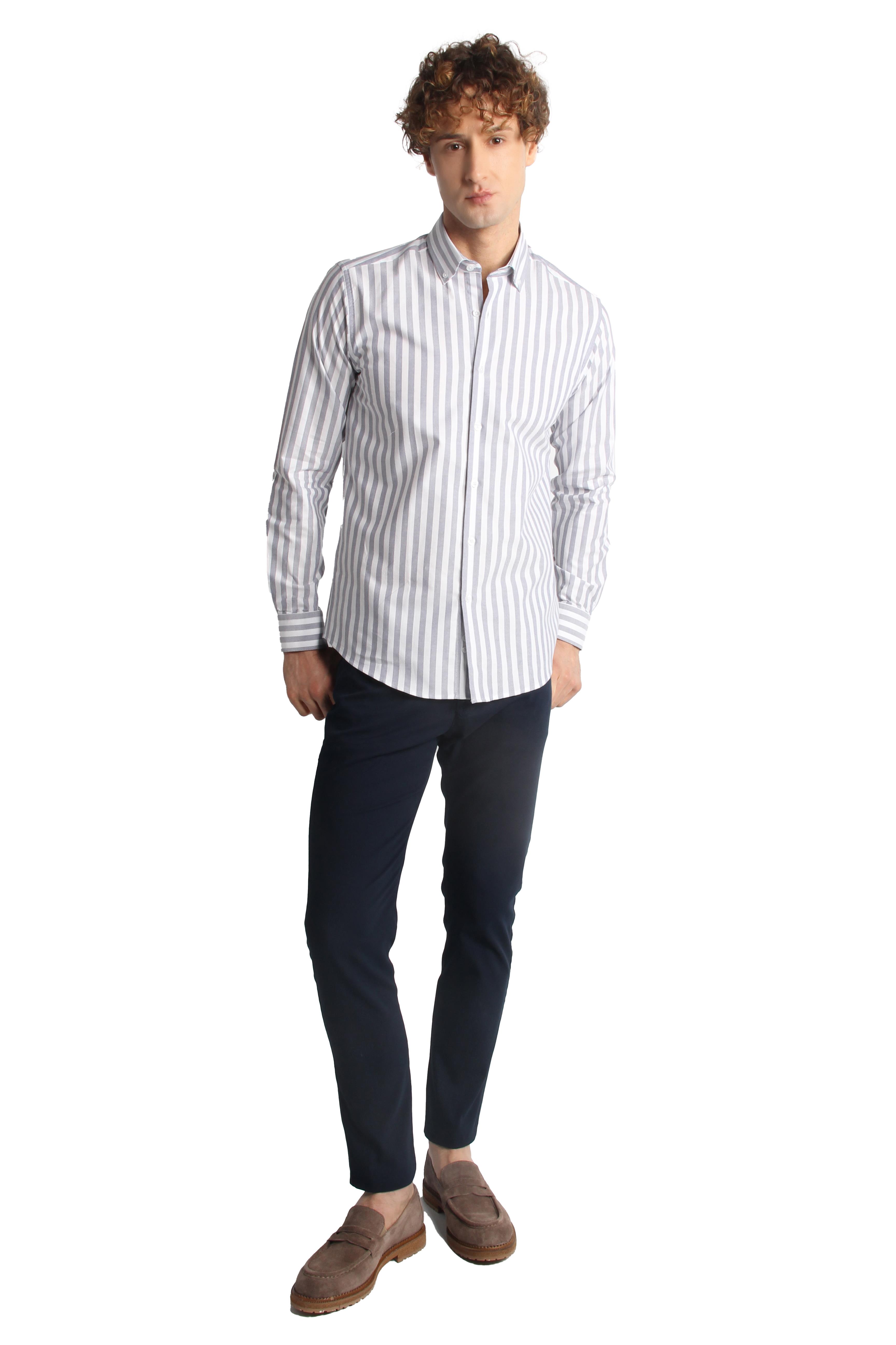 Lacivert Dynamic Fit  Düğmeli Yaka Çizgili Uzun Kollu Cepsiz %100 Pamuk Gömlek