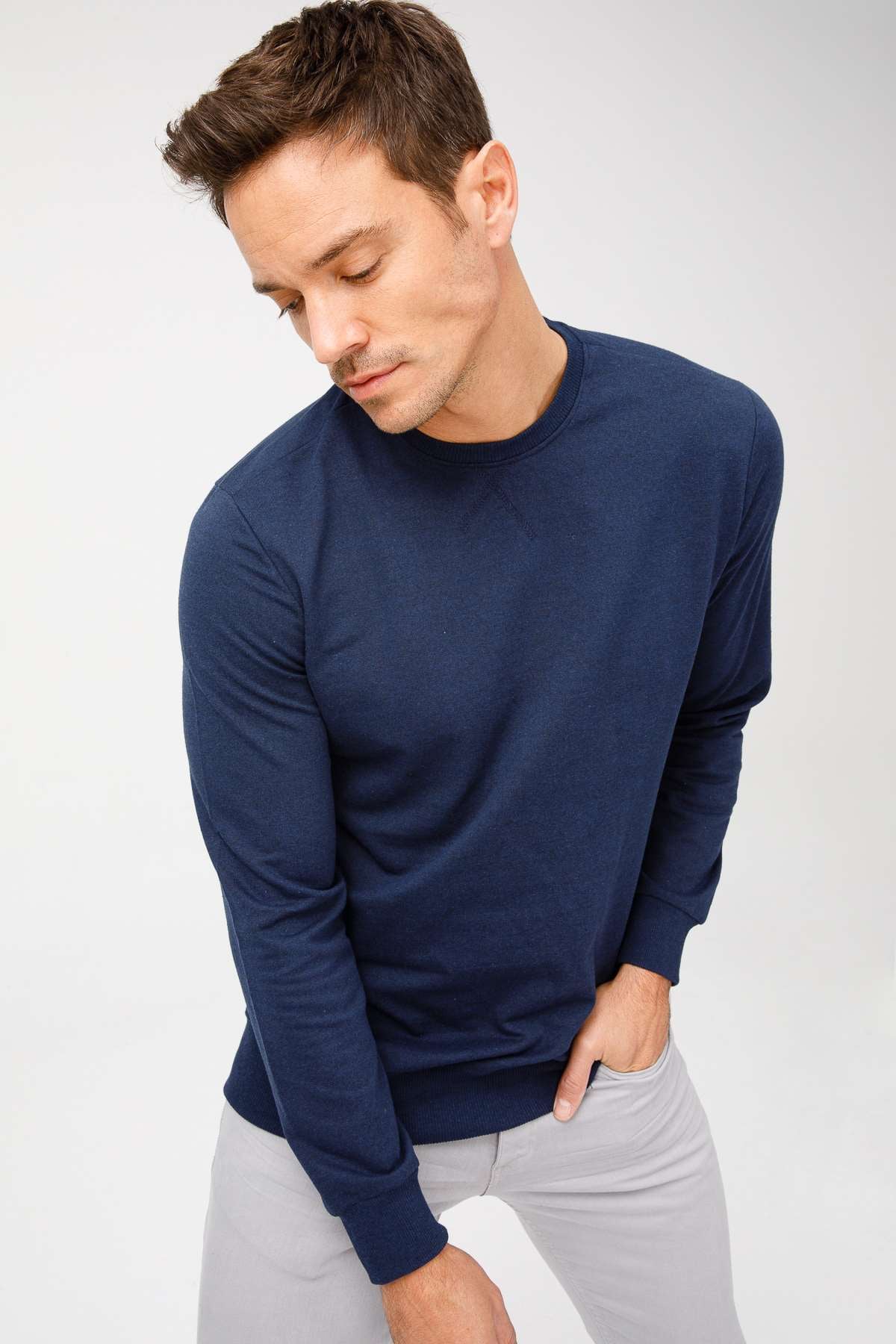 Lacivert Modern Fit Ekstra Dar Kalıp Bisiklet Yaka Düz Sweatshirt