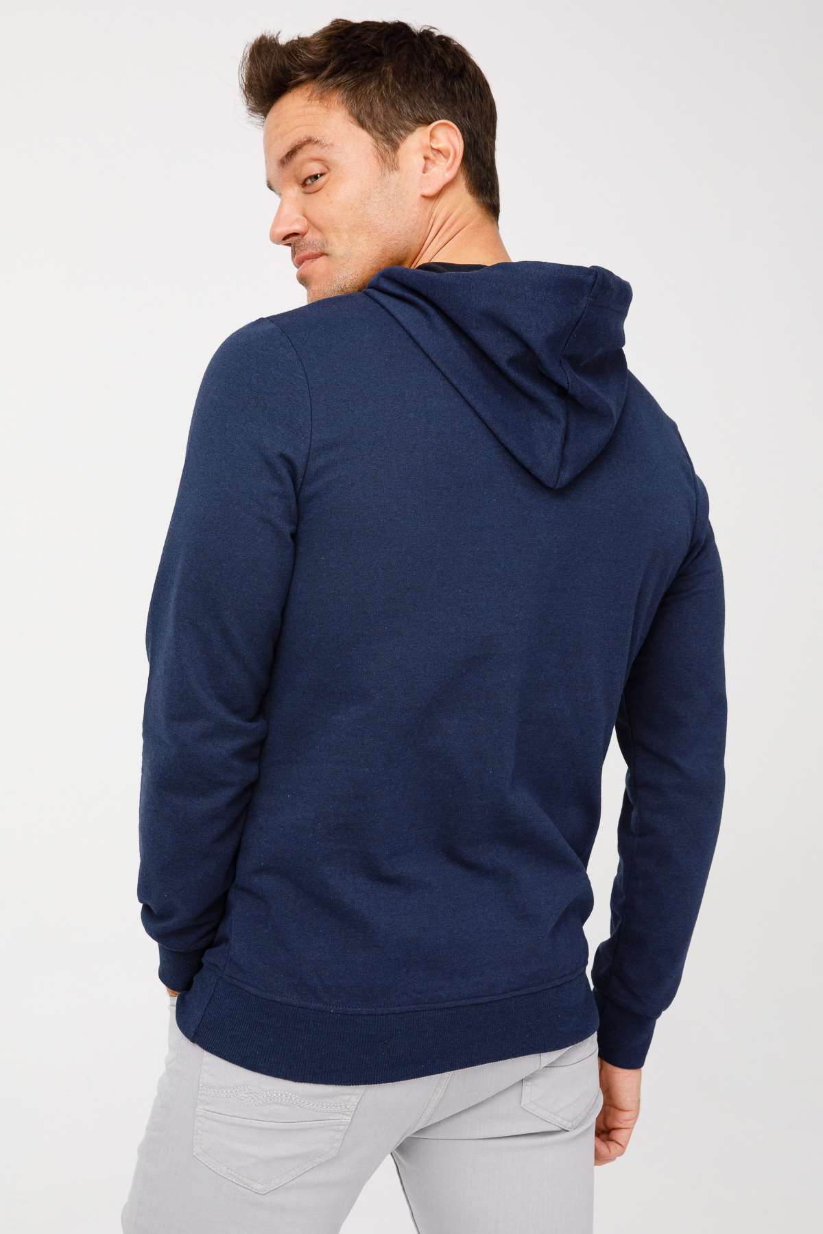 Erkek Lacivert Modernfit / Ekstra Dar Kalıp Kapşonlu Fermuarsız Sweatshirt