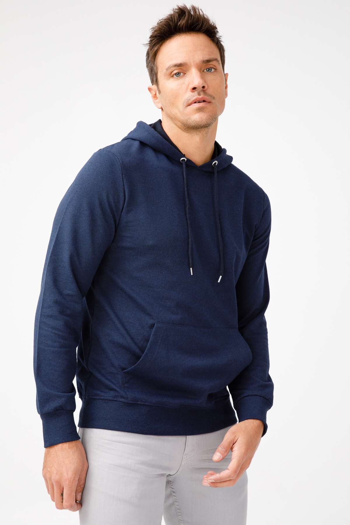 Erkek Lacivert Modernfit / Ekstra Dar Kalıp Kapşonlu Fermuarsız Sweatshirt