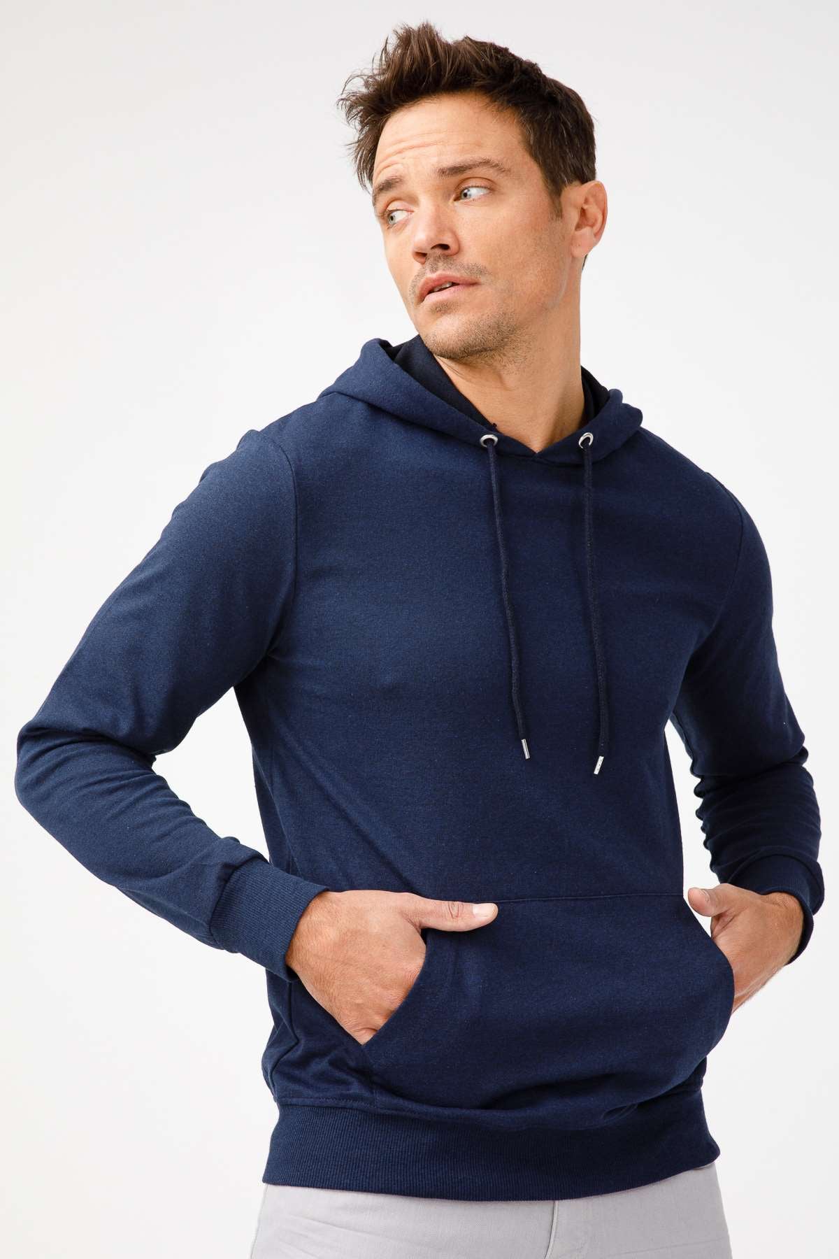 Erkek Lacivert Modernfit / Ekstra Dar Kalıp Kapşonlu Fermuarsız Sweatshirt