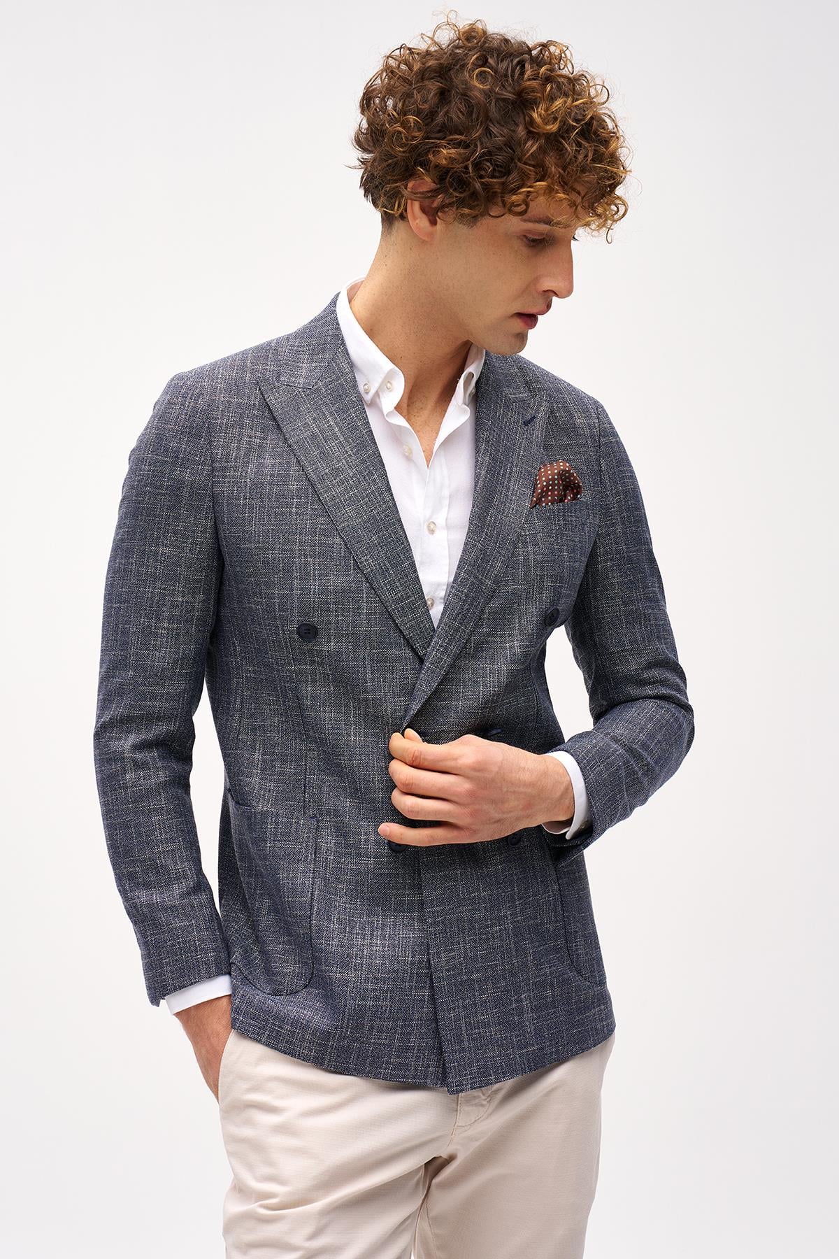 Erkek Lacivert Slim Fit / Dar Kalıp Geniş Kırlangıç Ceket