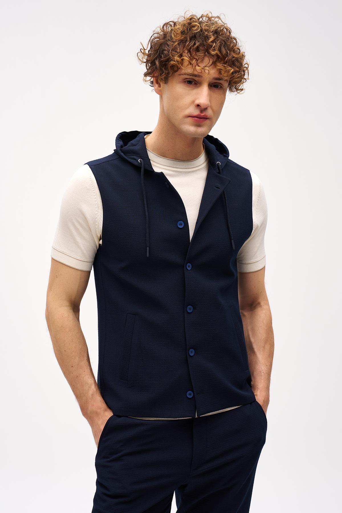 Erkek Lacivert Slim Fit / Dar Kalıp Mono Yaka Kombinli Takım Elbise