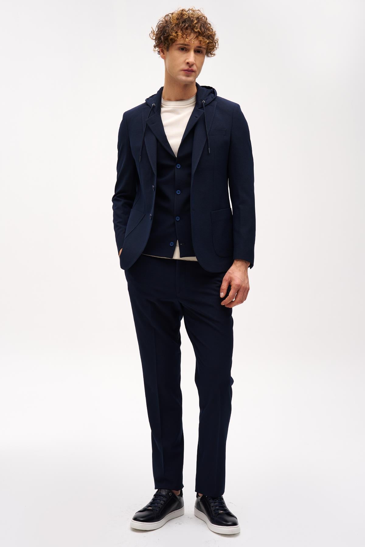 Erkek Lacivert Slim Fit / Dar Kalıp Mono Yaka Kombinli Takım Elbise