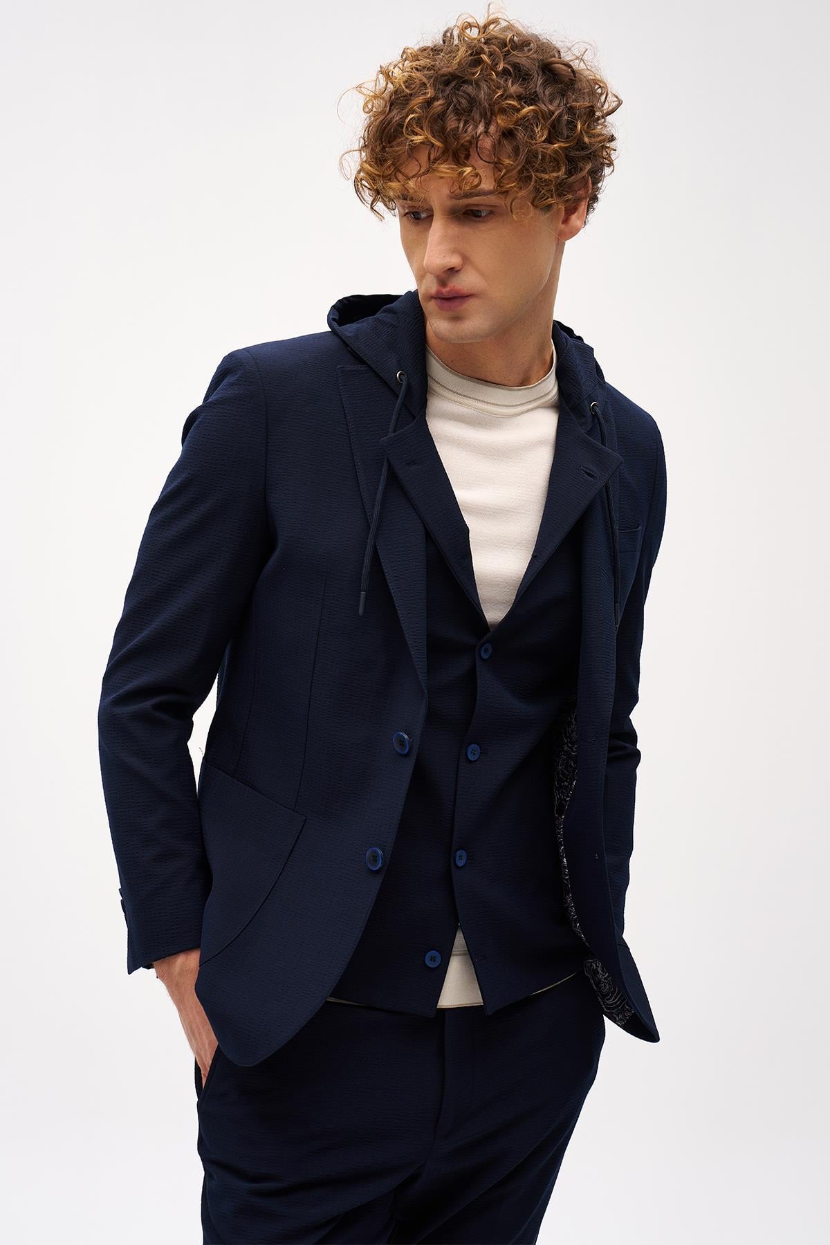 Erkek Lacivert Slim Fit / Dar Kalıp Mono Yaka Kombinli Takım Elbise