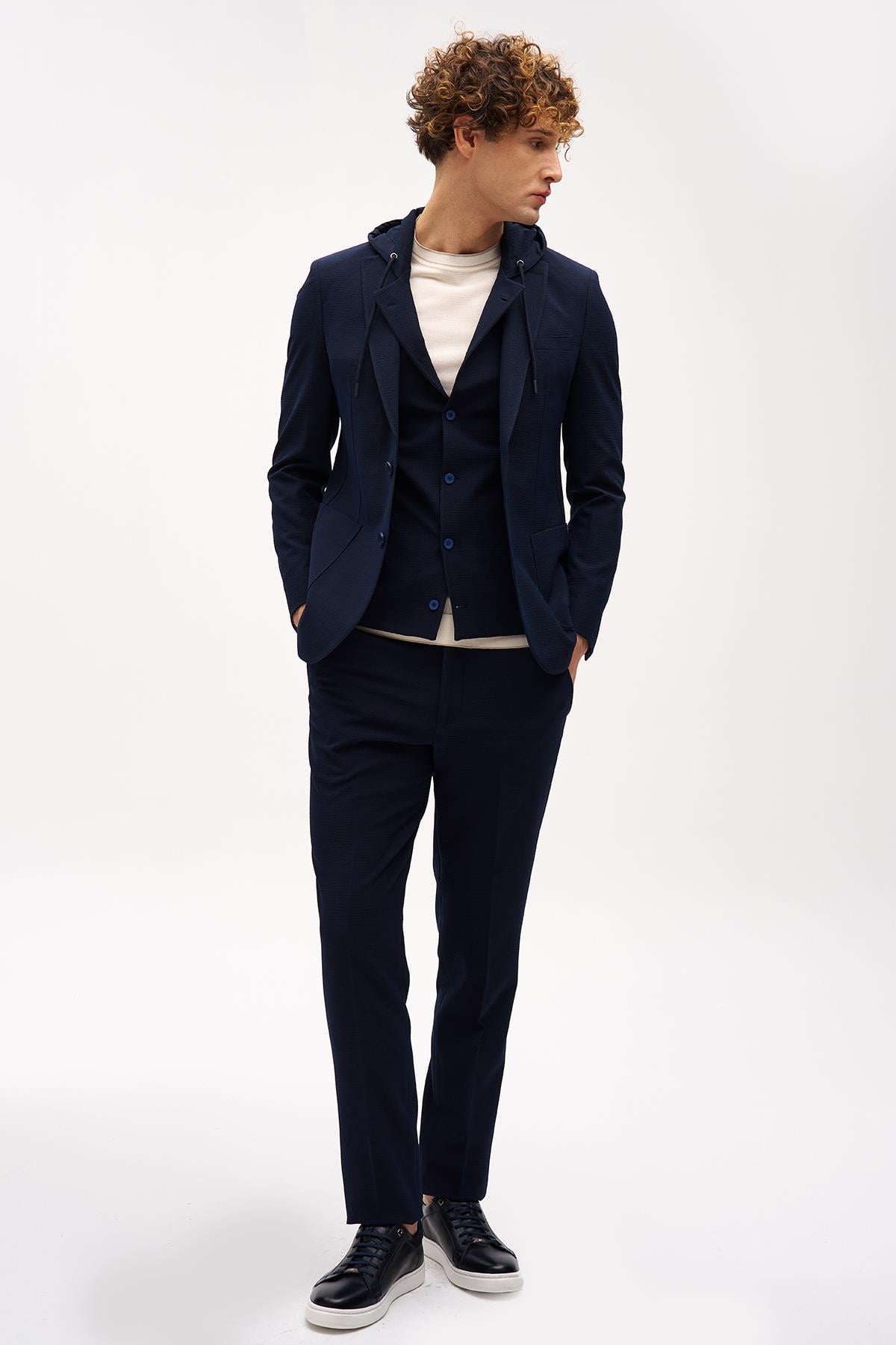 Erkek Lacivert Slim Fit / Dar Kalıp Mono Yaka Kombinli Takım Elbise