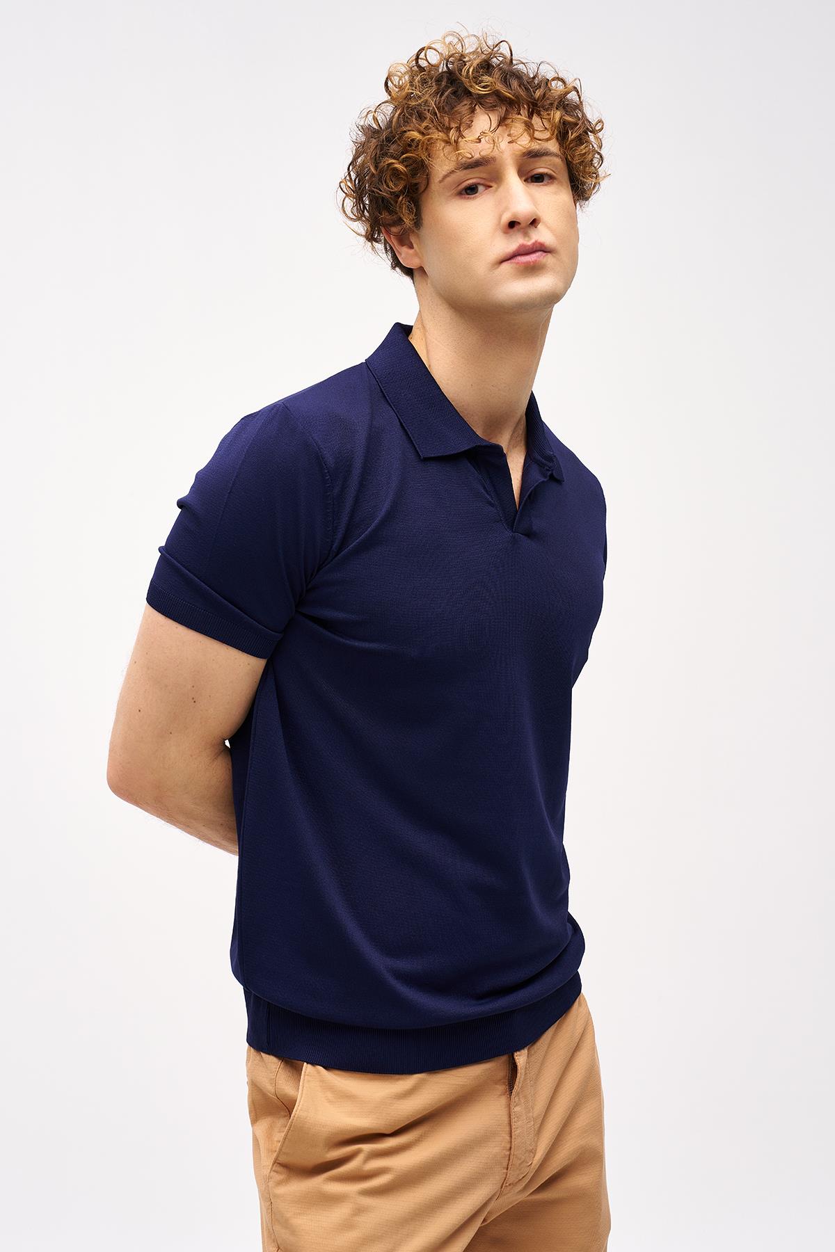 Erkek Lacivert Slim Fit Dar Kalıp Polo Yaka Düz Kısa Kollu Triko Tişört