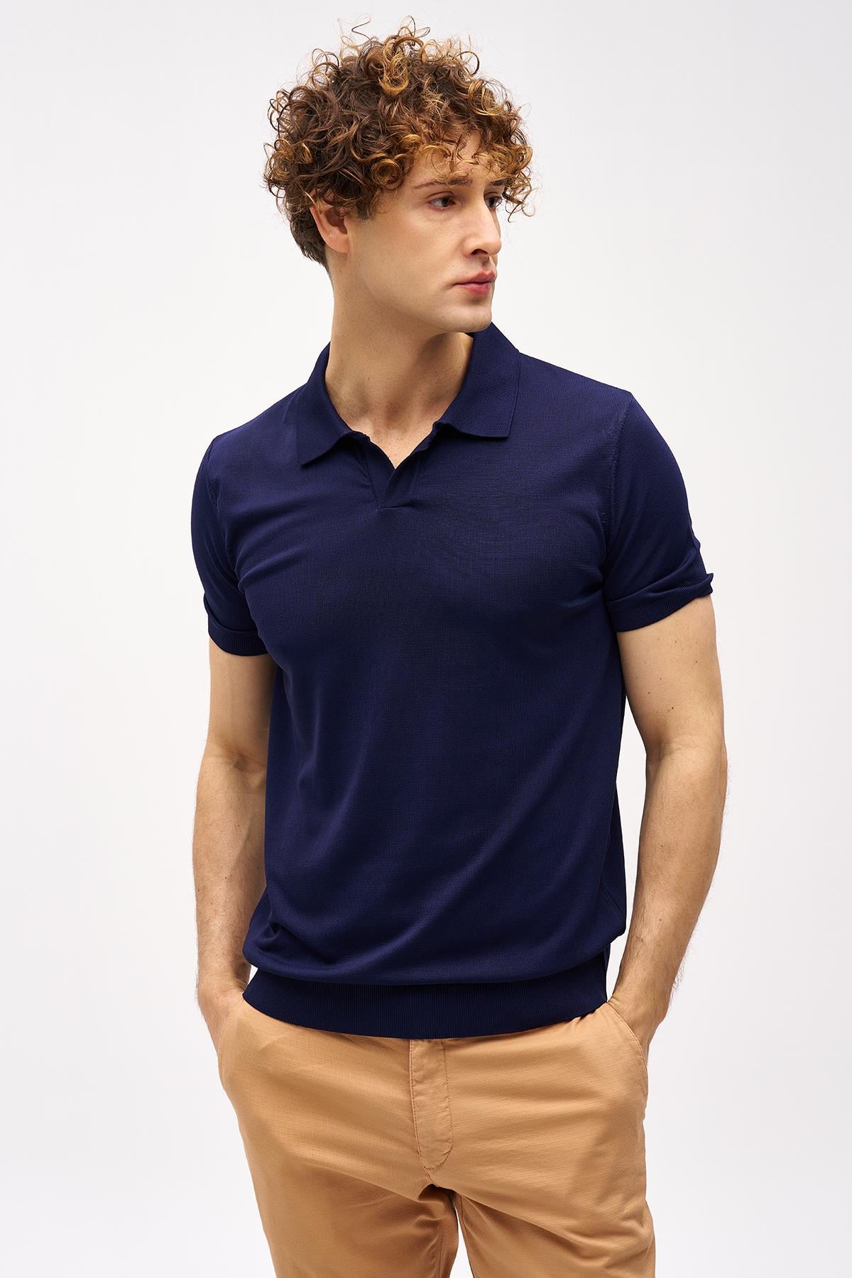 Erkek Lacivert Slim Fit Dar Kalıp Polo Yaka Düz Kısa Kollu Triko Tişört