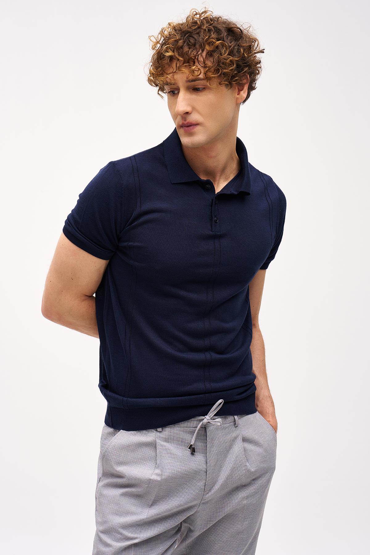 Erkek Lacivert Slim Fit Dar Kalıp Polo Yaka Düz Kısa Kollu Triko Tişört