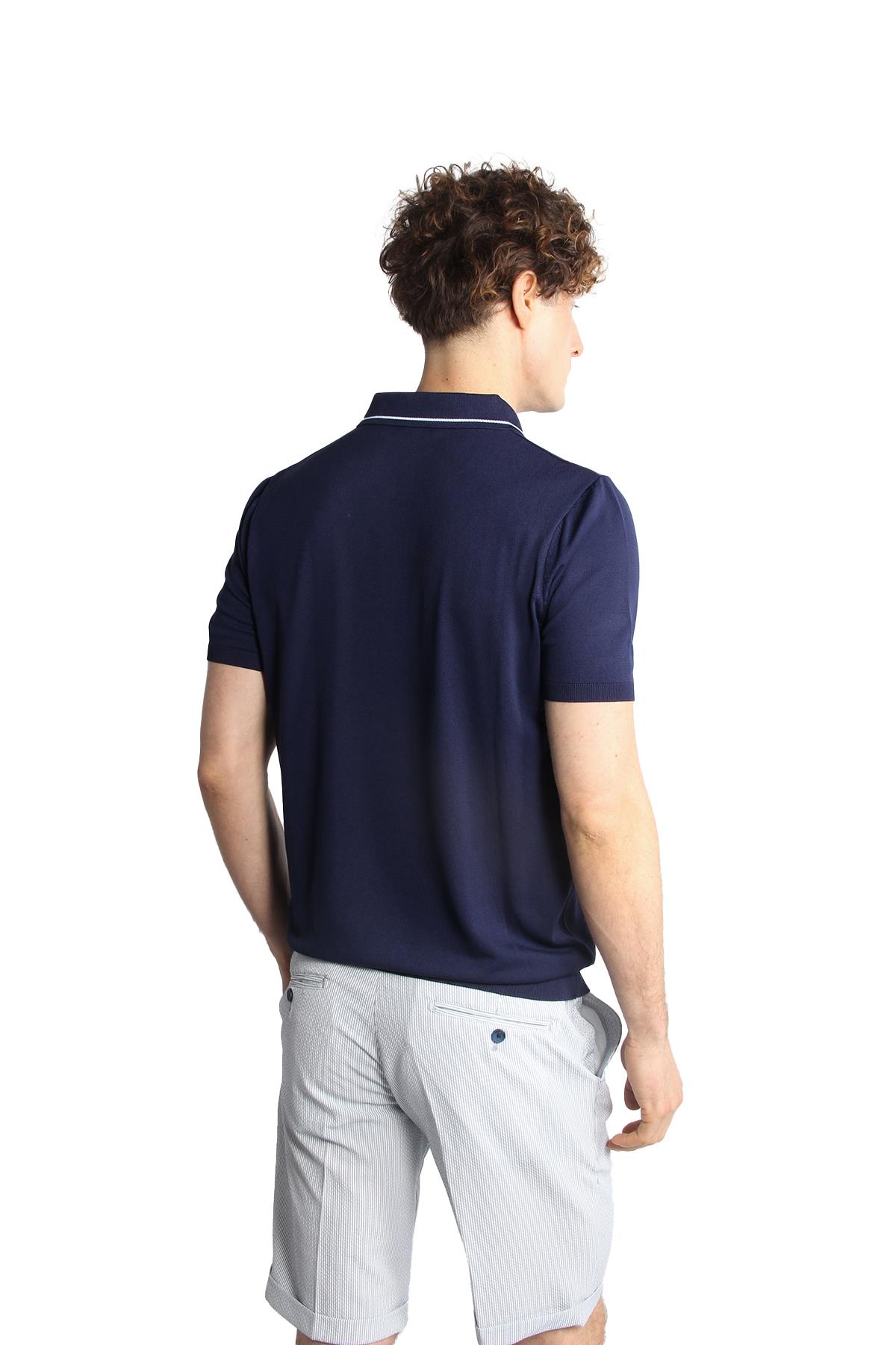 Lacivert Slim Fit Dar Kalıp Polo Yaka Düz Kısa Kollu Triko Tişört