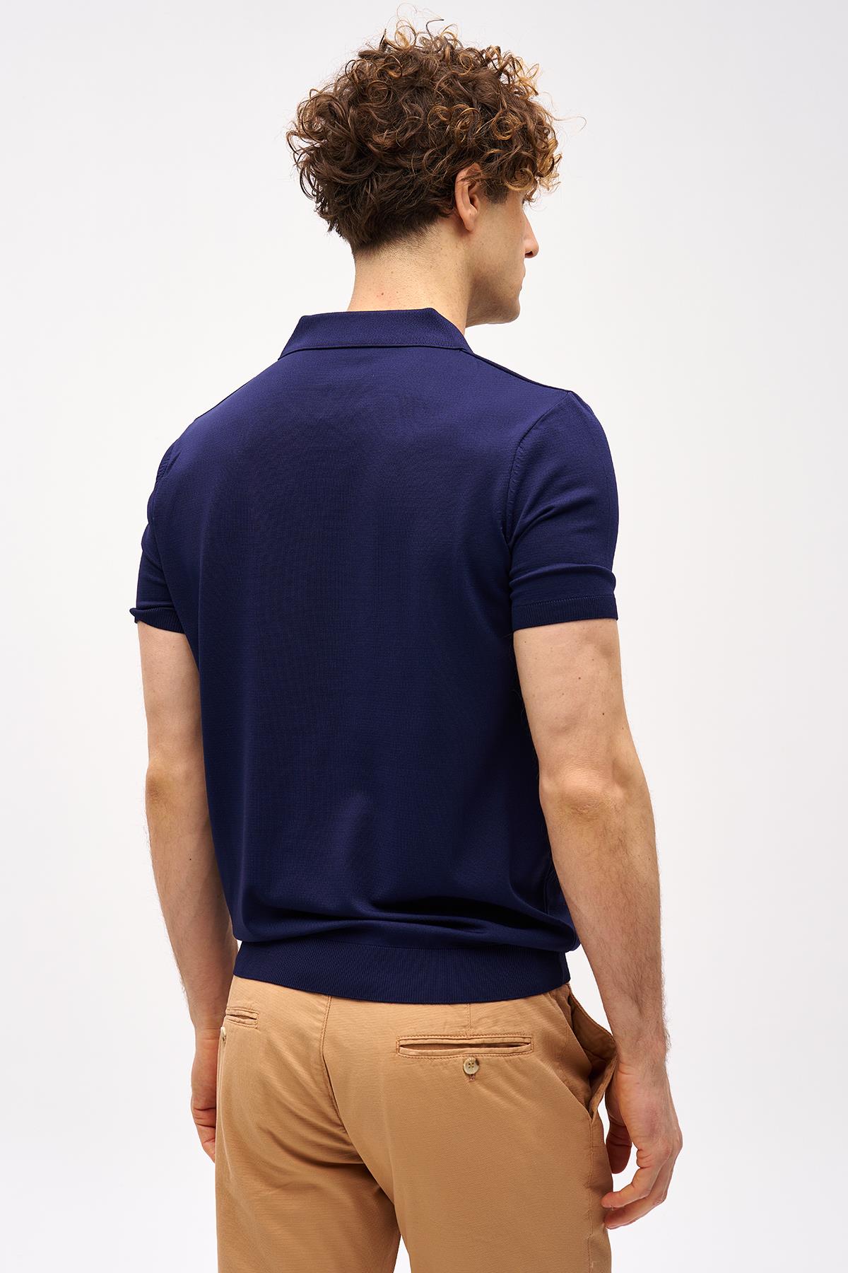 Erkek Lacivert Slim Fit Dar Kalıp Polo Yaka Düz Kısa Kollu Triko Tişört