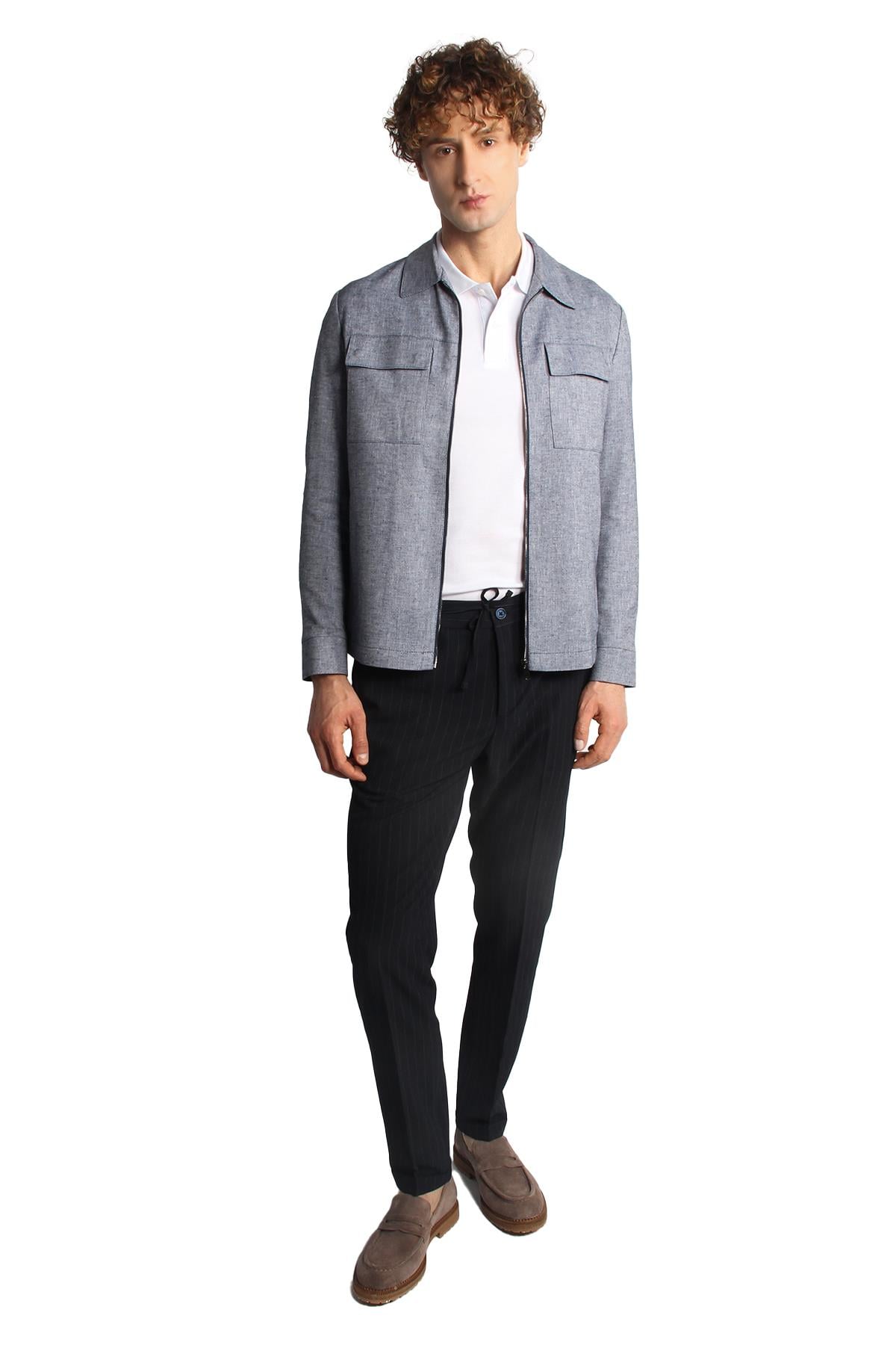 Lacivert Regular Fit Gömlek Yaka Polyester Fermuarlı Mont