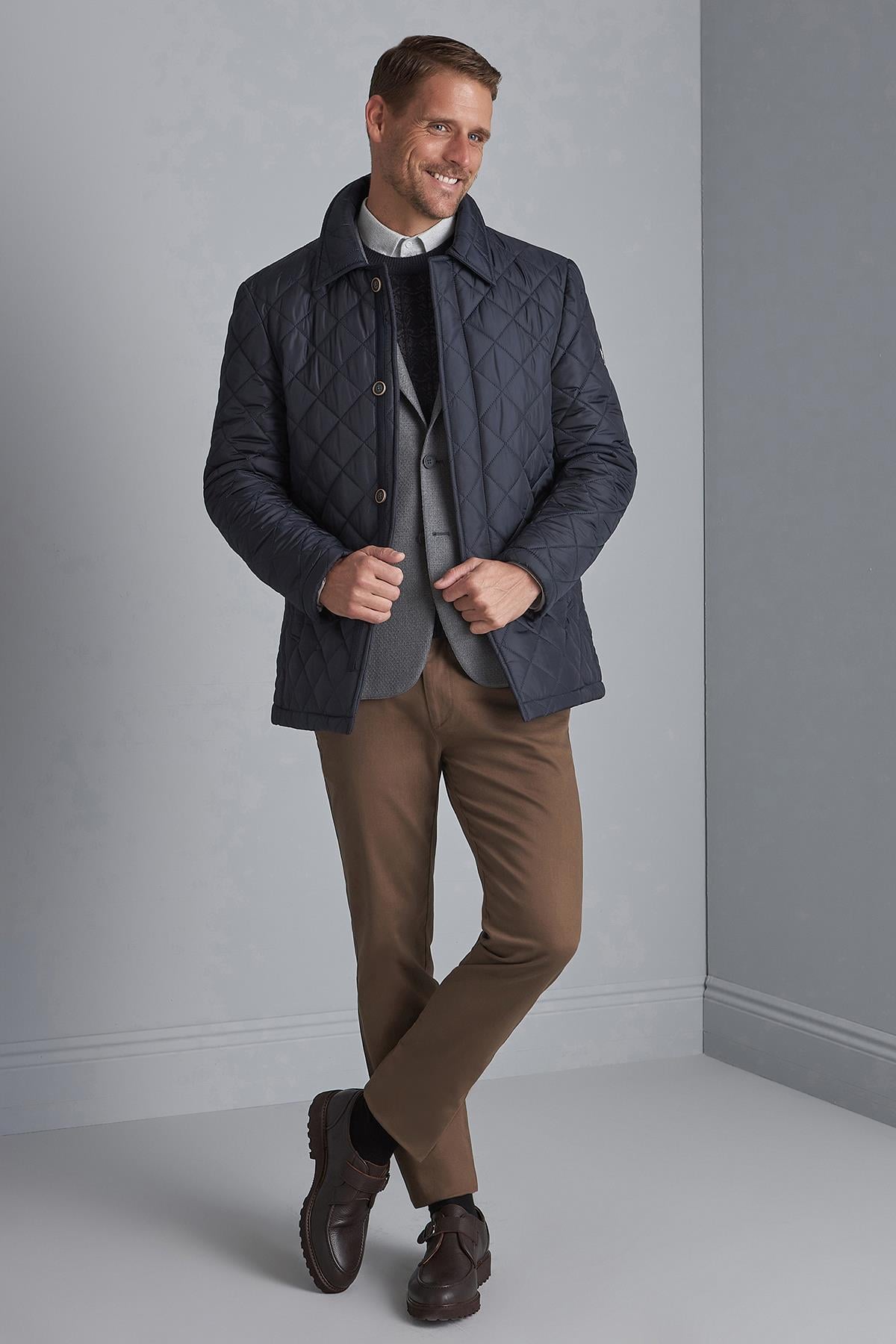 Erkek Kapitone Düğmeli Klasik Mont – Lacivert