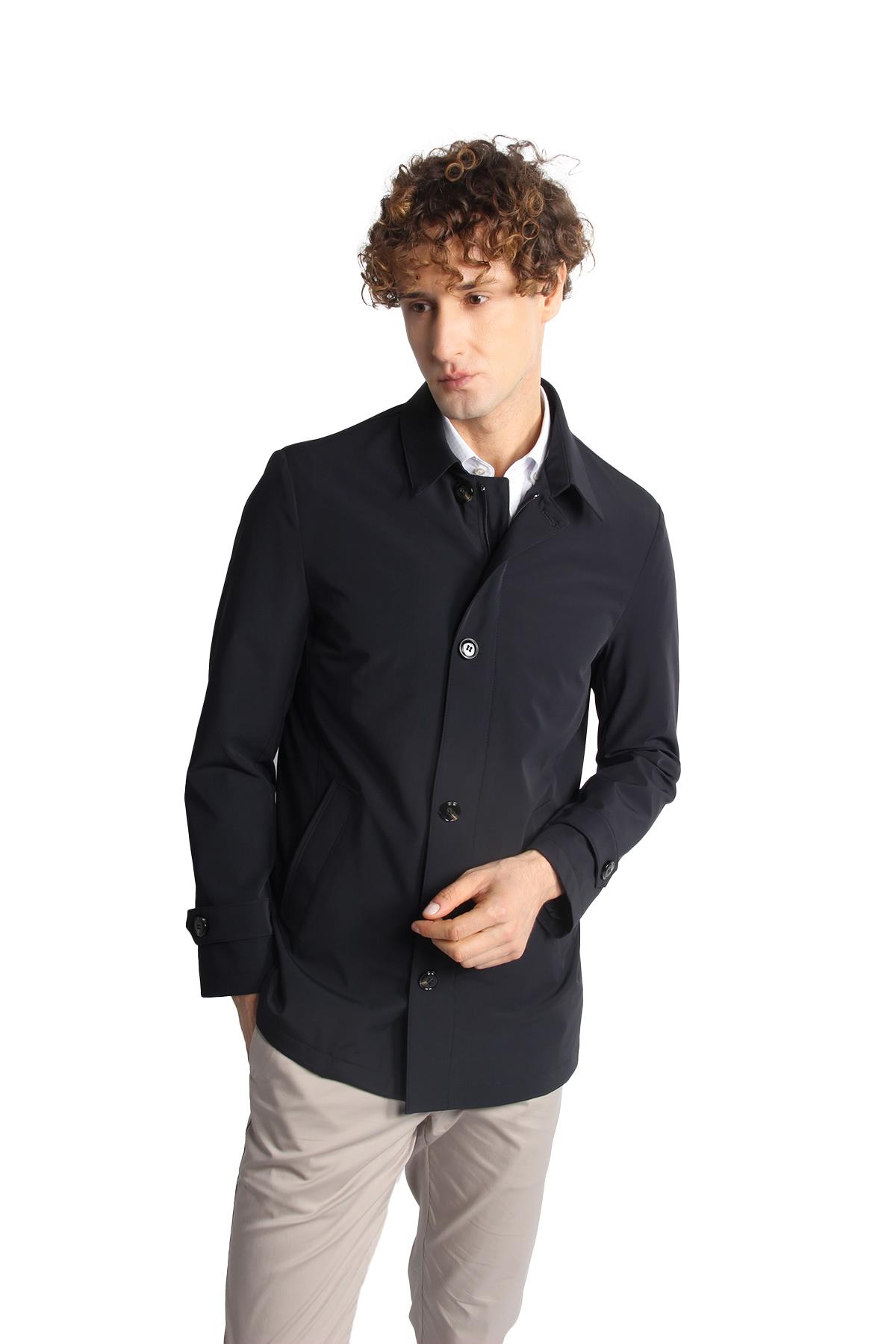 Lacivert Regular Fit Gömlek Yaka Polyester Trench