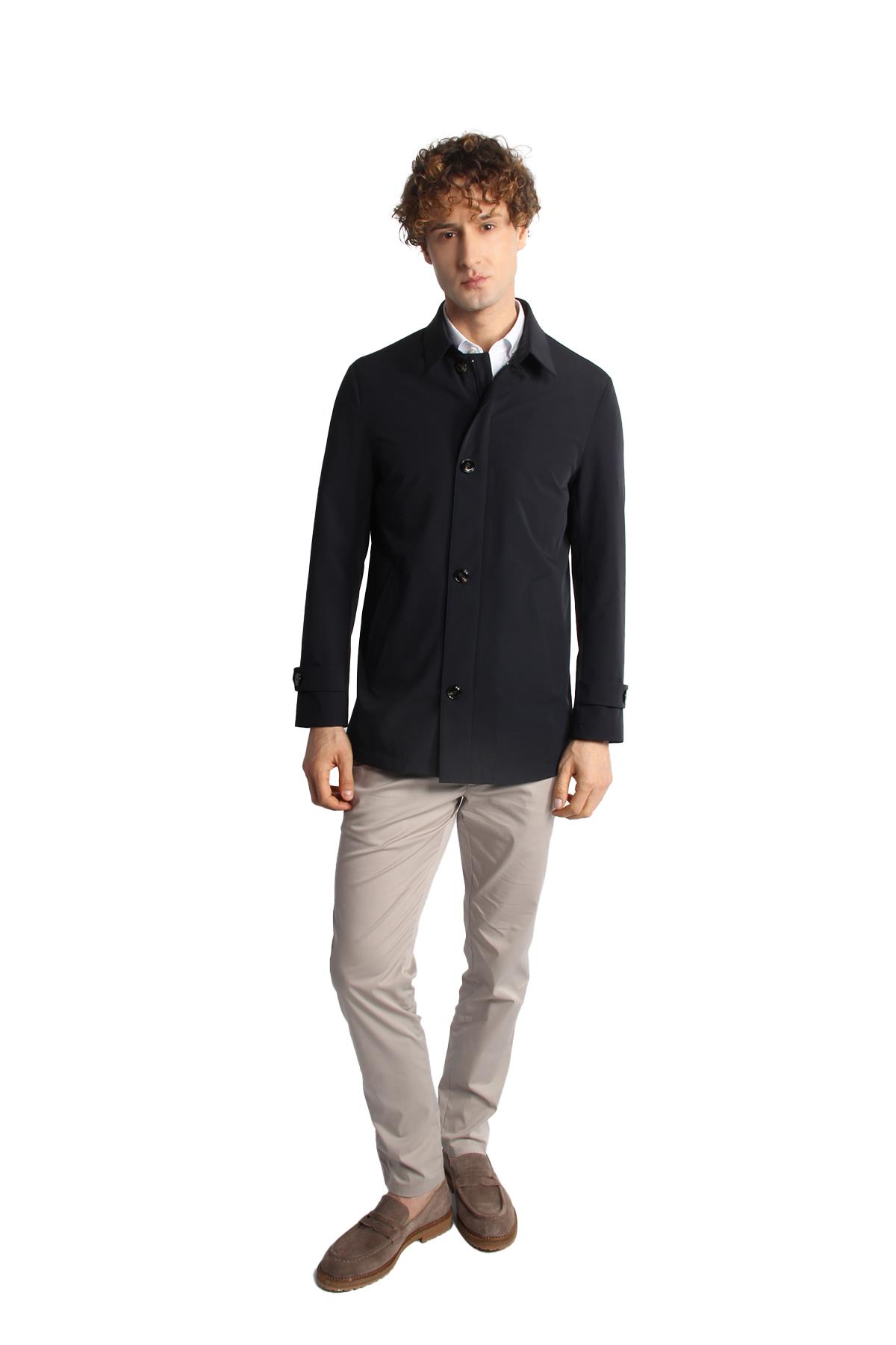 Lacivert Regular Fit Gömlek Yaka Polyester Trench