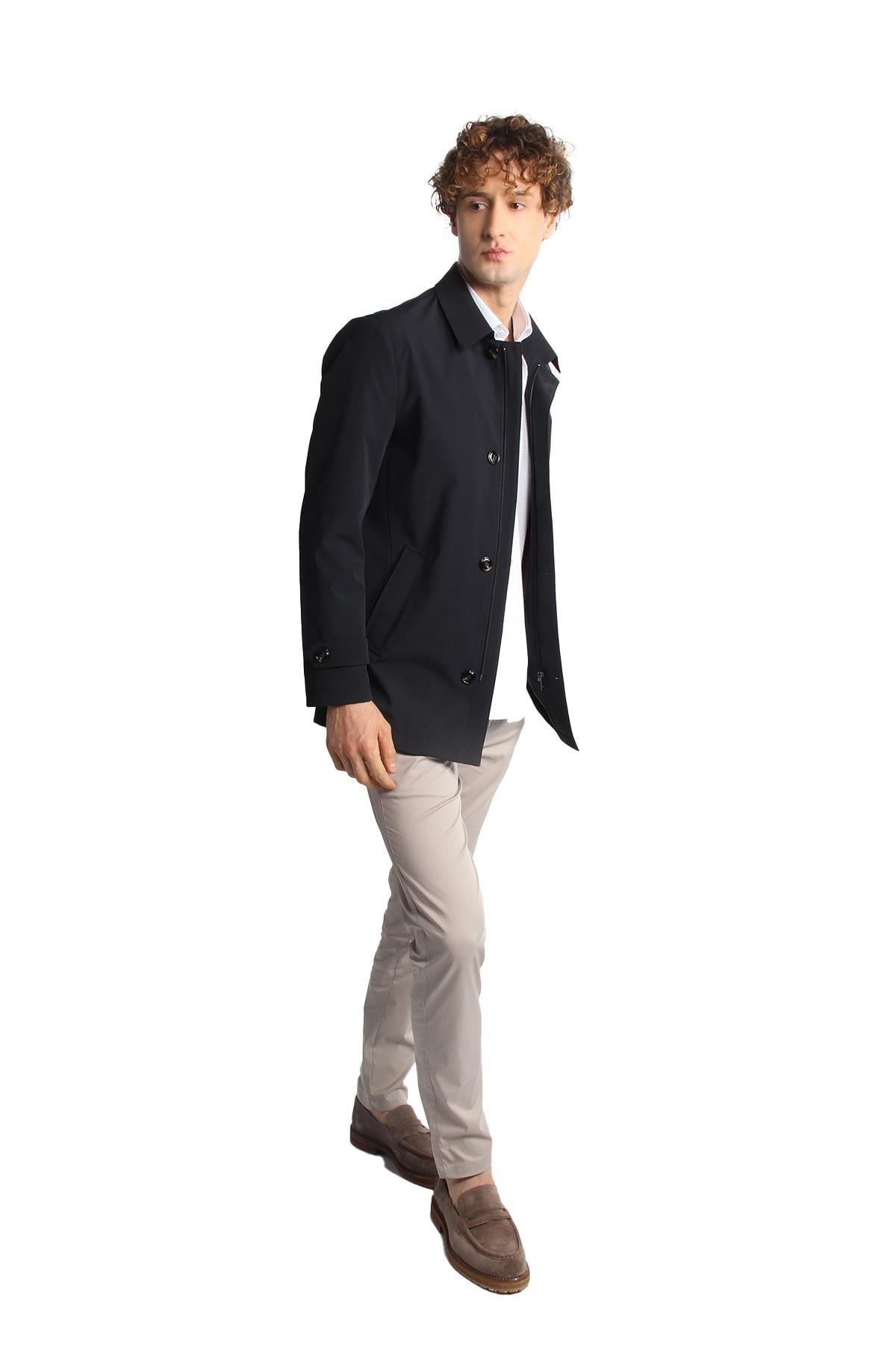 Lacivert Regular Fit Gömlek Yaka Polyester Trench