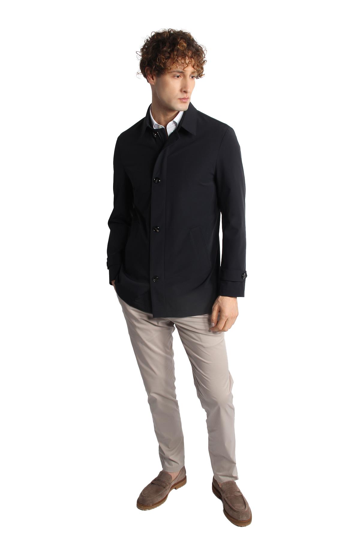 Lacivert Regular Fit Gömlek Yaka Polyester Trench