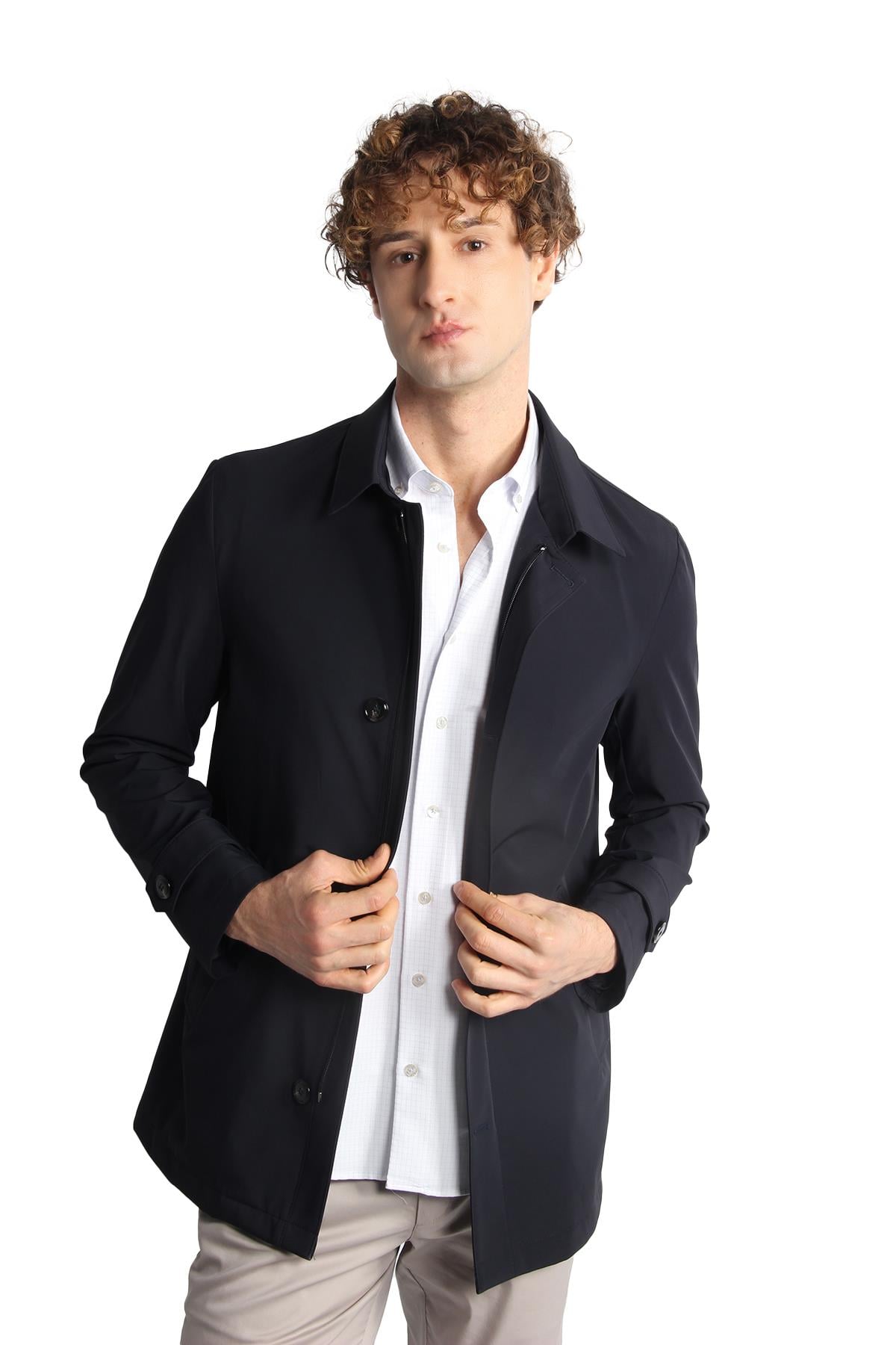 Lacivert Regular Fit Gömlek Yaka Polyester Trench