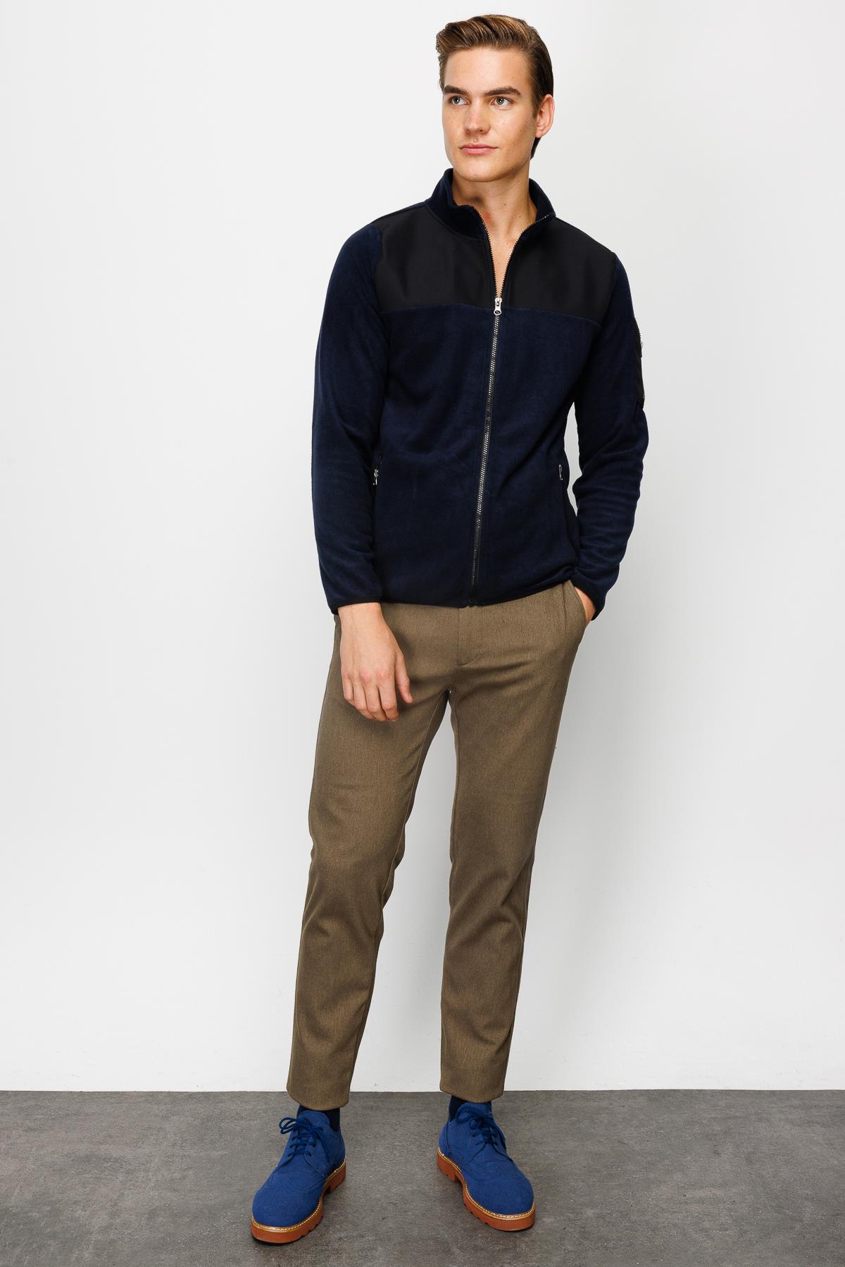 Lacivert Erkek Polar Sweatshirt Tam Fermuarlı Dik Yaka Model