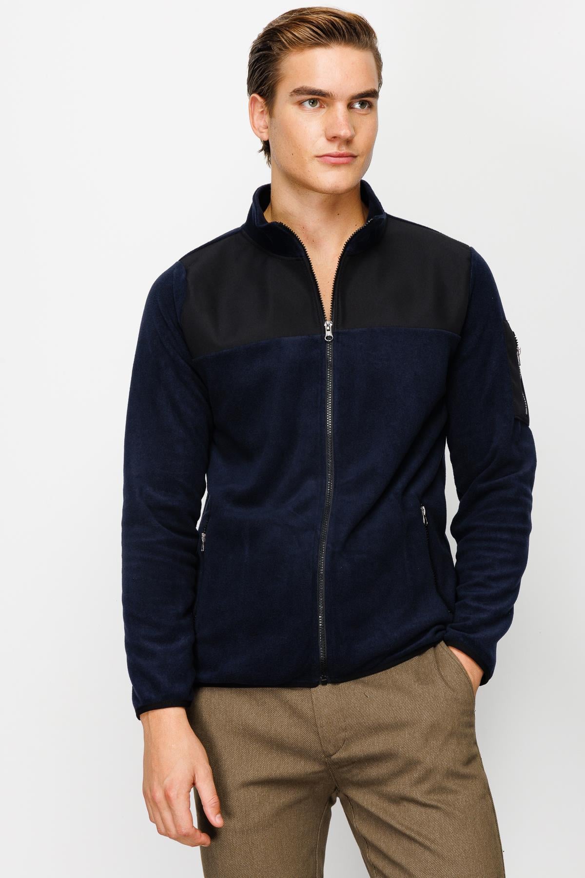 Lacivert Erkek Polar Sweatshirt Tam Fermuarlı Dik Yaka Model