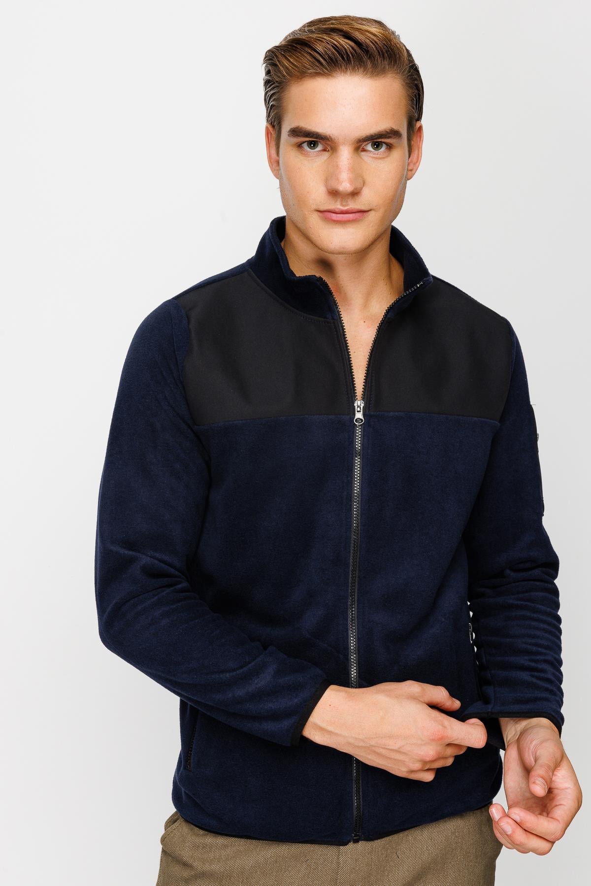Lacivert Erkek Polar Sweatshirt Tam Fermuarlı Dik Yaka Model