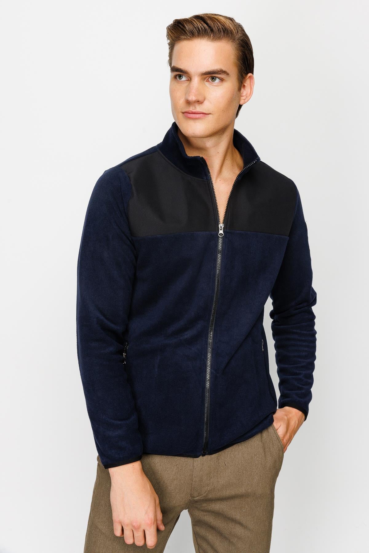 Lacivert Erkek Polar Sweatshirt Tam Fermuarlı Dik Yaka Model