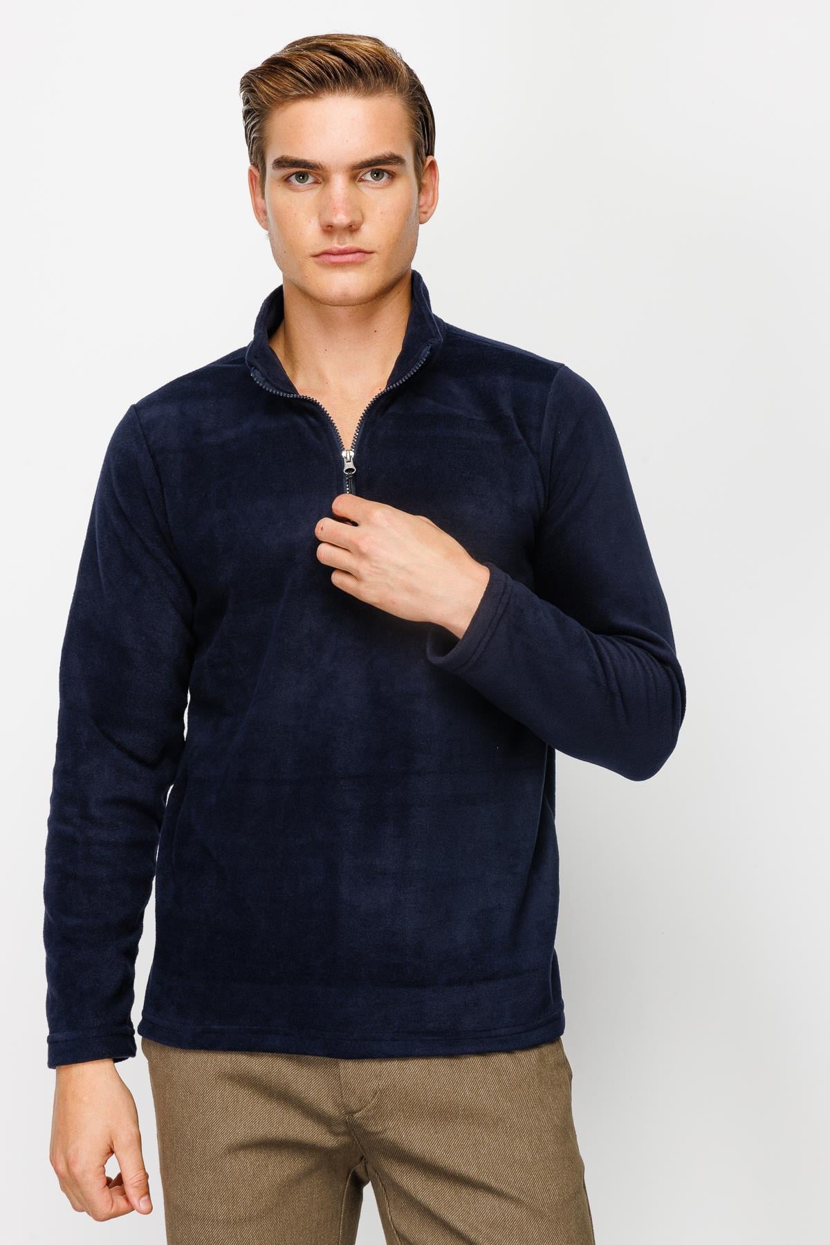 Lacivert Erkek Yarım Fermuar Polar Sweatshirt Dik Yaka Model
