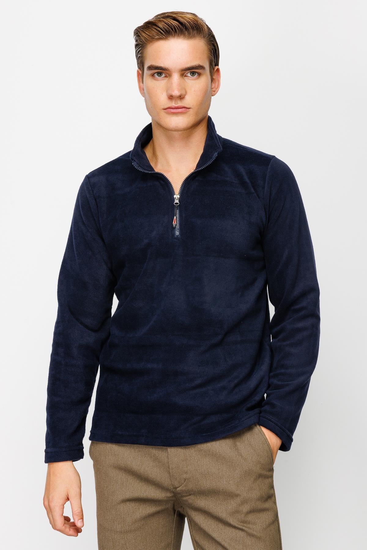 Lacivert Erkek Yarım Fermuar Polar Sweatshirt Dik Yaka Model