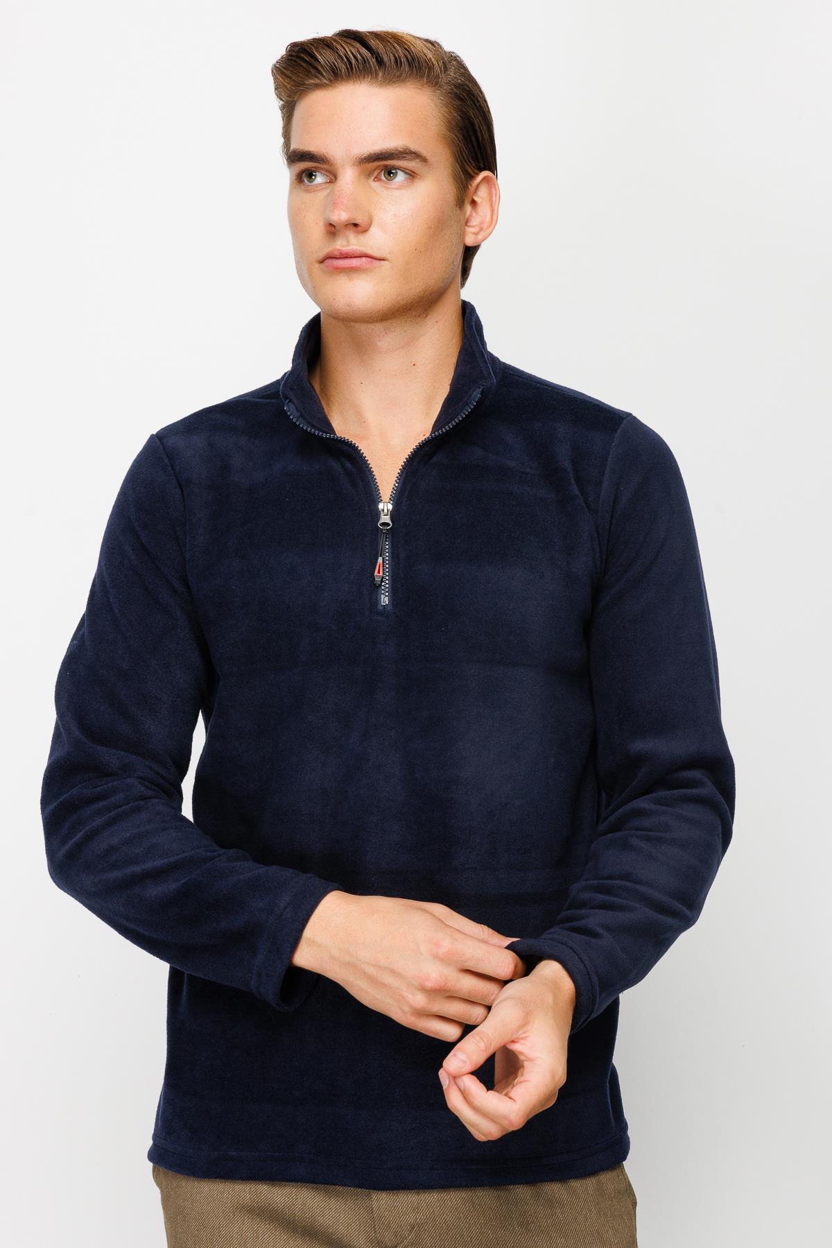 Lacivert Erkek Yarım Fermuar Polar Sweatshirt Dik Yaka Model