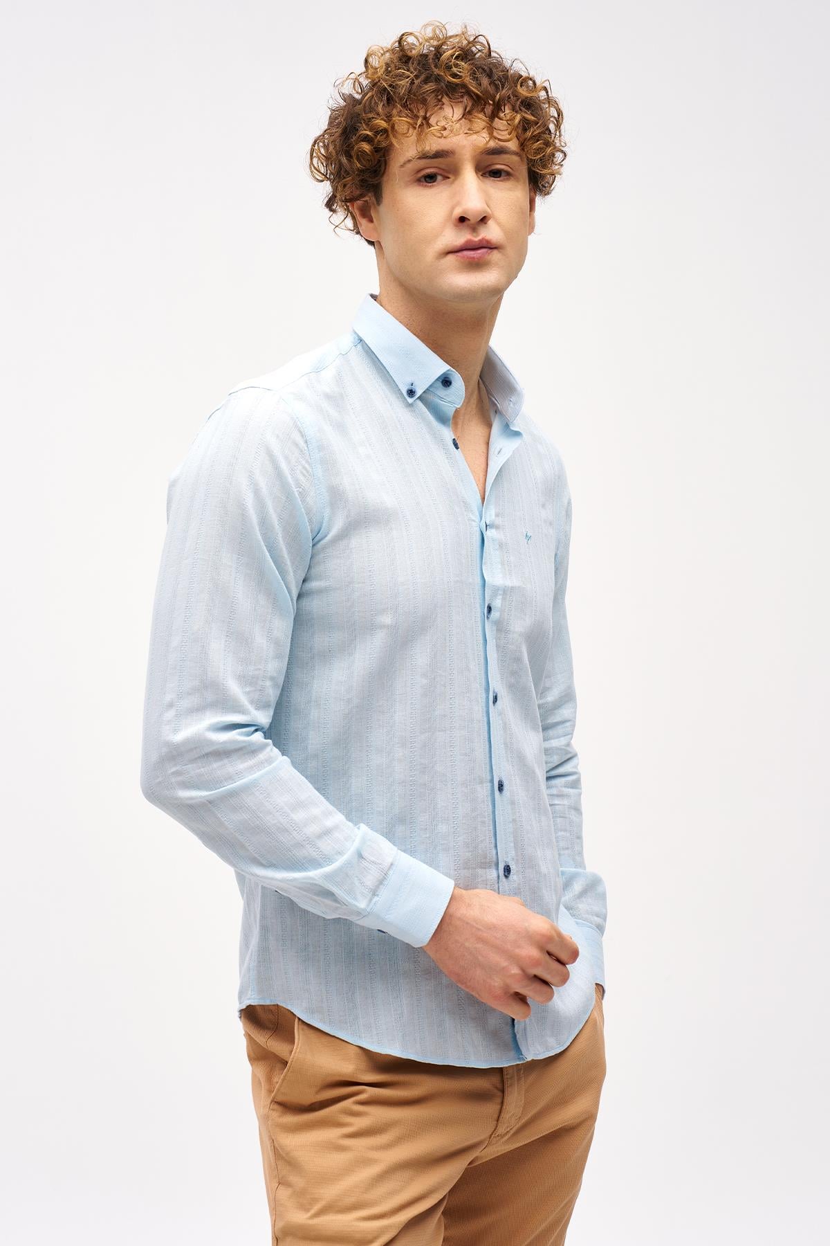 Mavi Dynamic Fit  Düğmeli Yaka Çizgili Uzun Kollu Cepsiz %100 Pamuk Gömlek