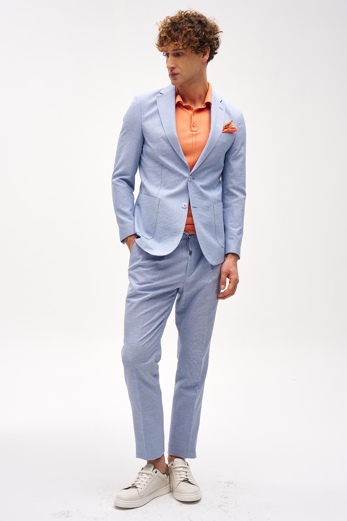 Erkek Mavi Slim Fit / Dar Kalıp Mono Yaka Takım Elbise