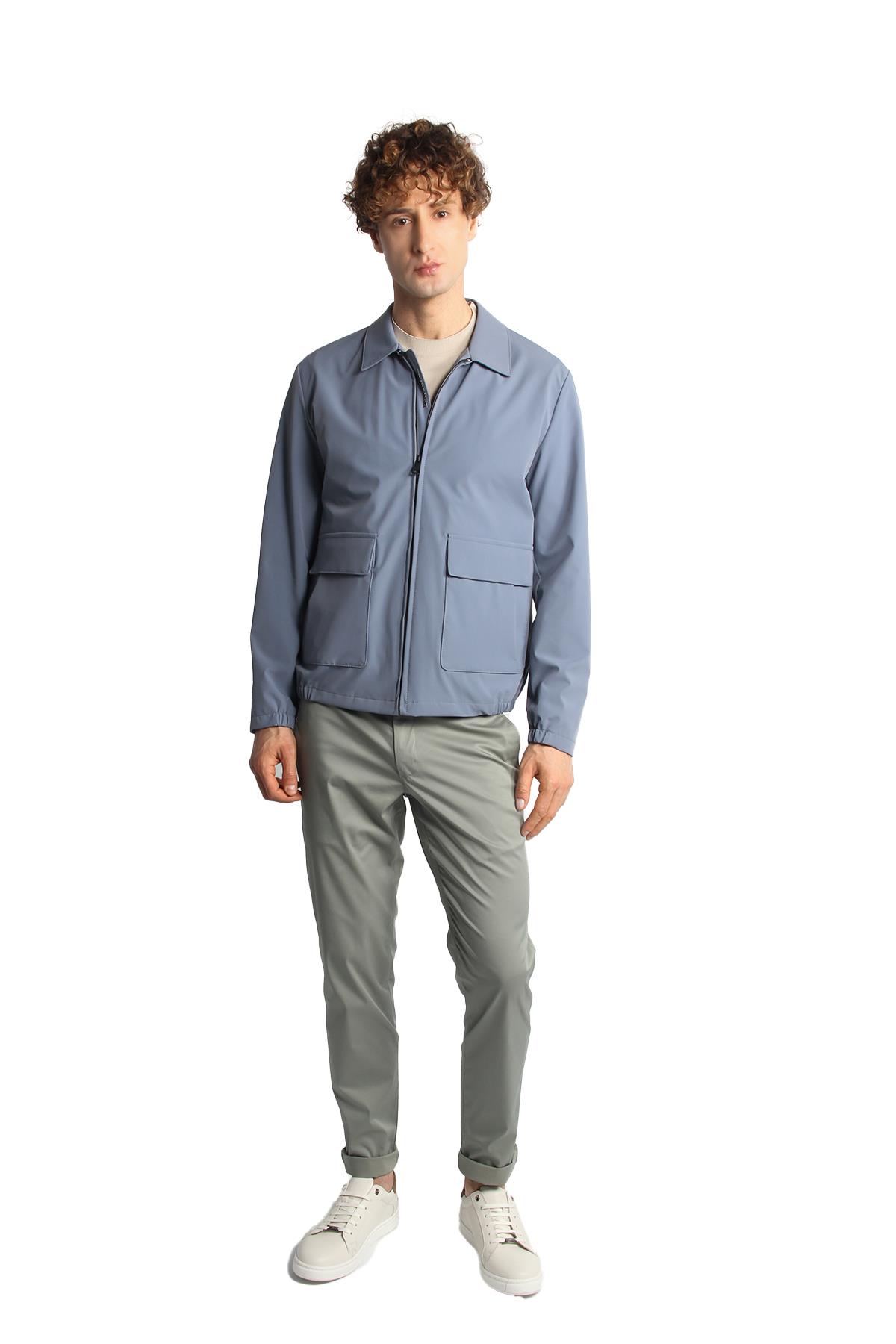 Mavi Standart Kalıp Klasik Yaka Fermuarlı Polyester Mont