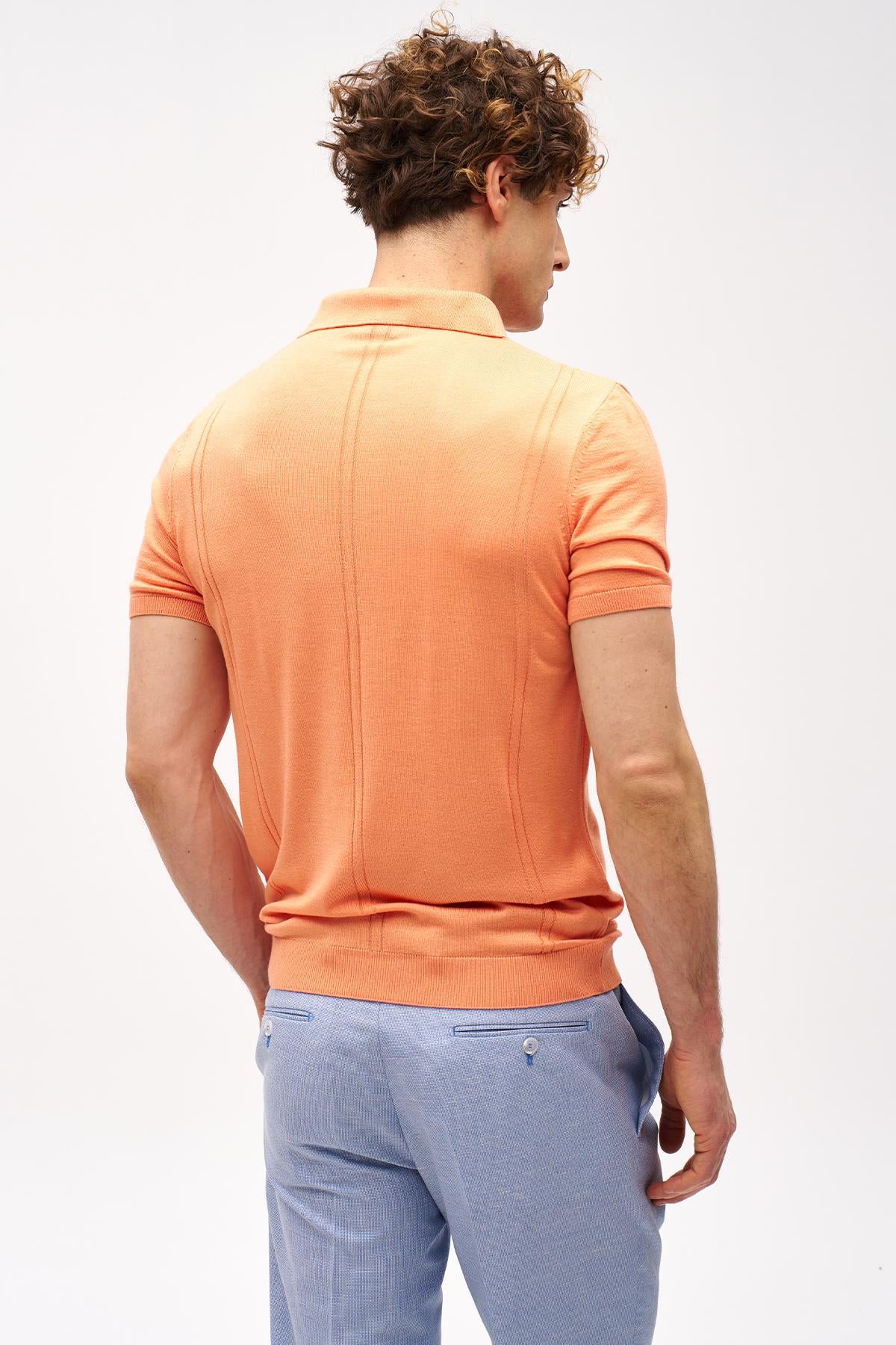 Erkek Mercan Slim Fit Dar Kalıp Polo Yaka Düz Kısa Kollu Triko Tişört
