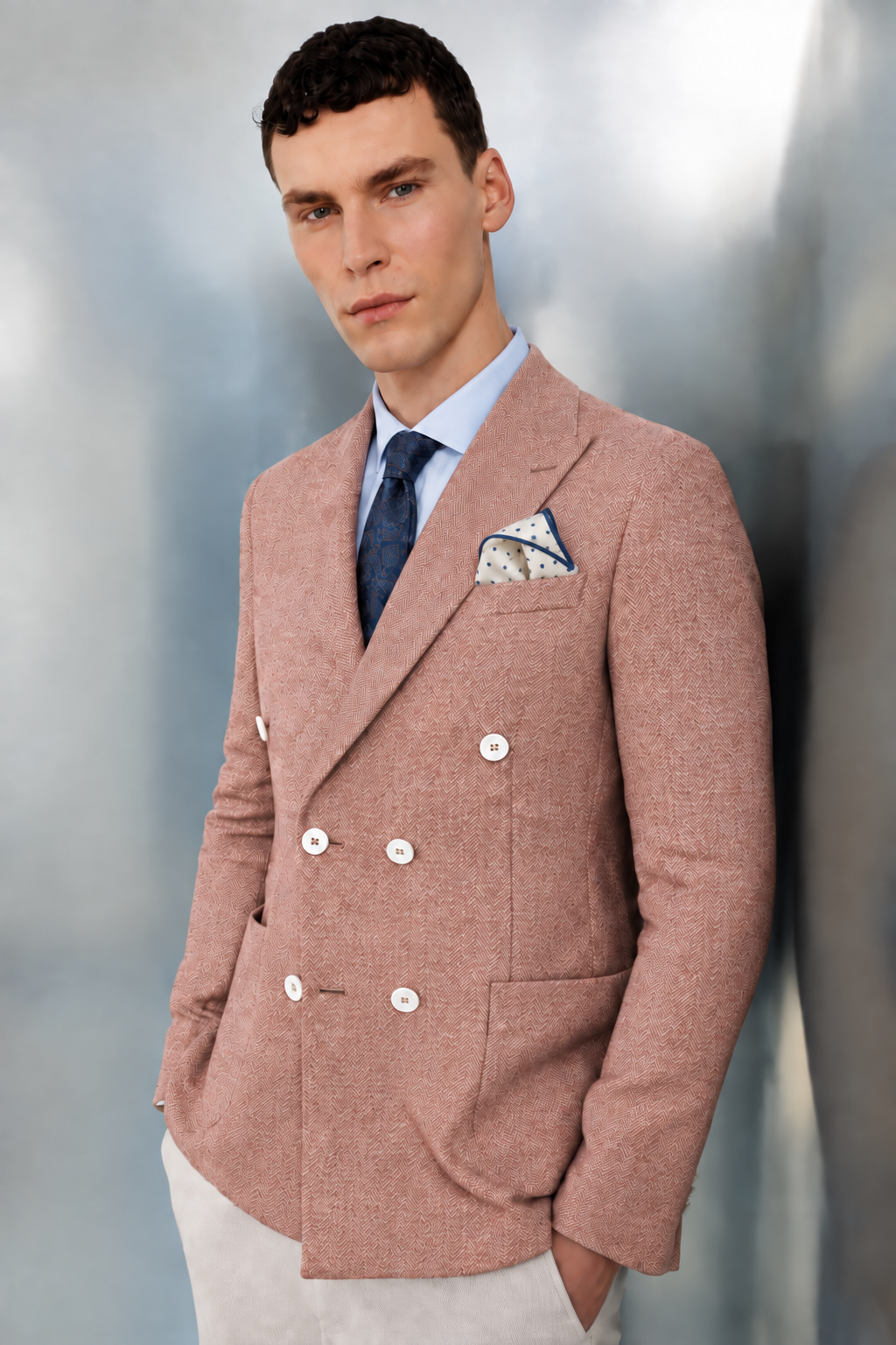 Erkek Oranj Slim Fit Dar Kalıp Geniş Kırlangıç Yaka Desenli Ceket