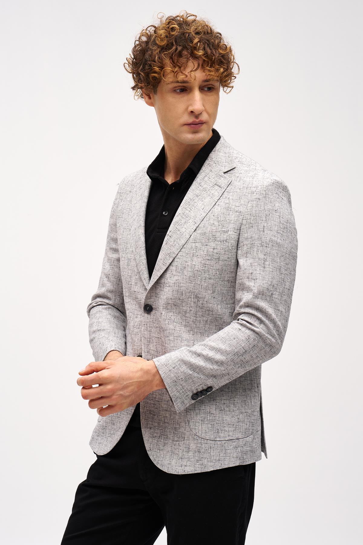 Siyah Slim Fit Dar Kalıp Mono Yaka Çizgili Uzun Kollu Keten Ceket