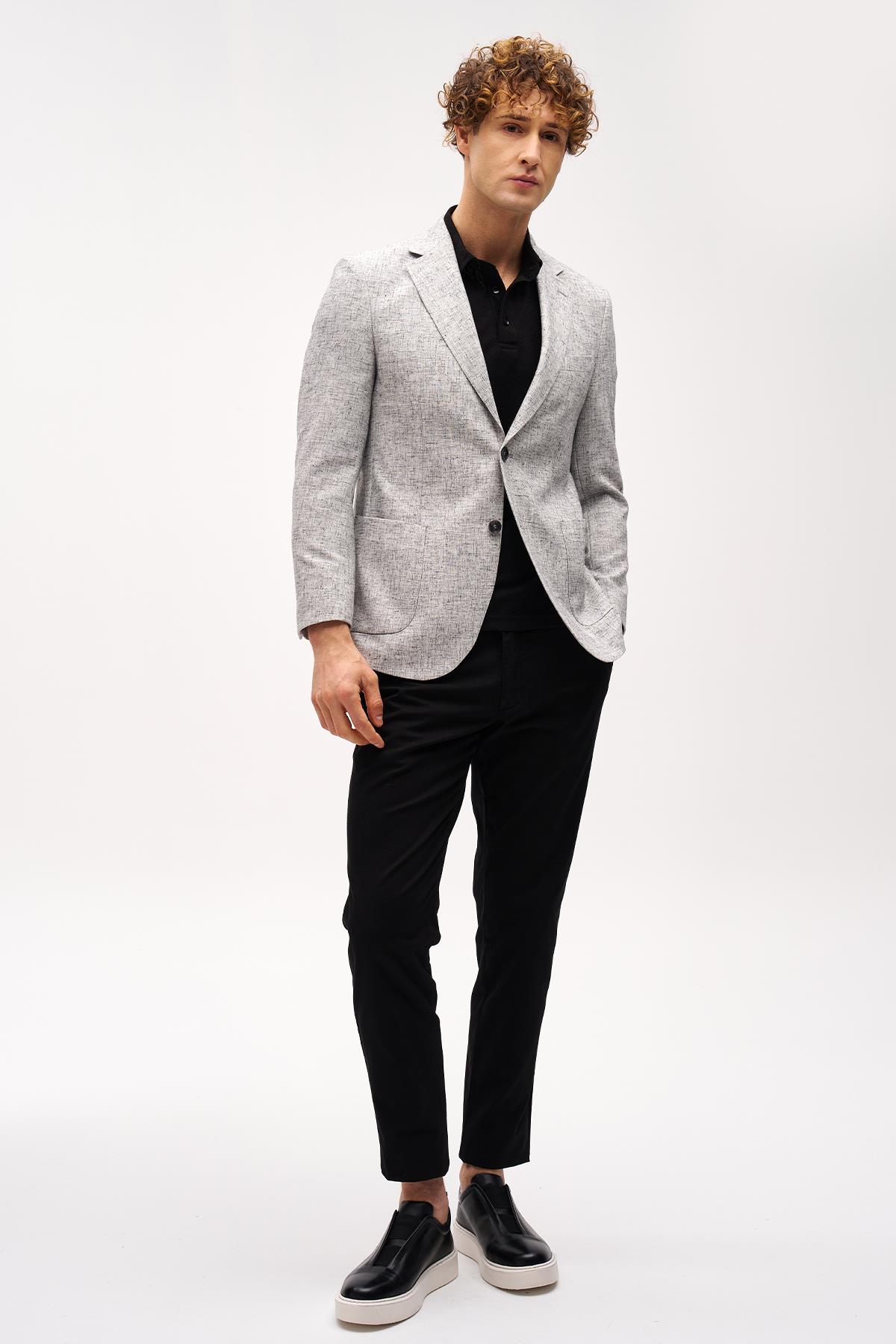 Siyah Slim Fit Dar Kalıp Mono Yaka Çizgili Uzun Kollu Keten Ceket
