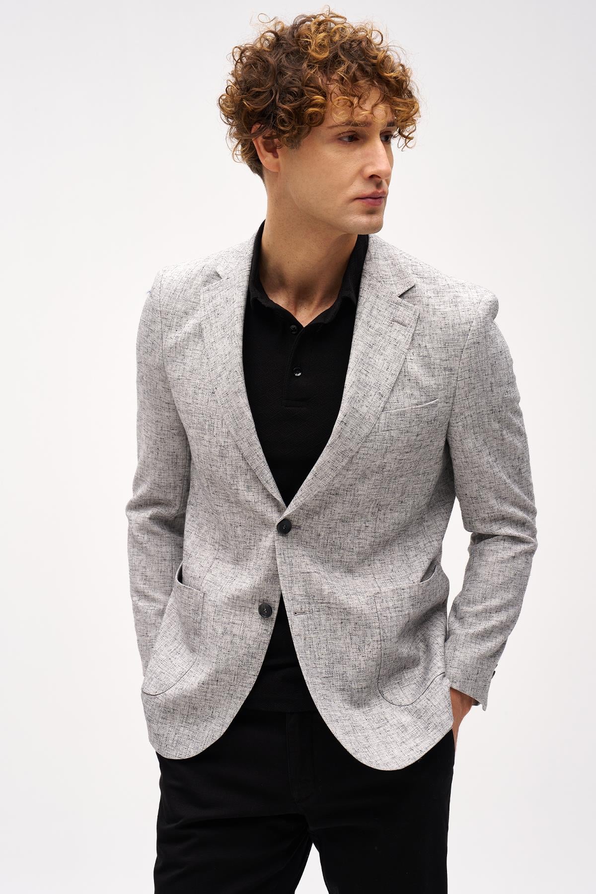 Siyah Slim Fit Dar Kalıp Mono Yaka Çizgili Uzun Kollu Keten Ceket
