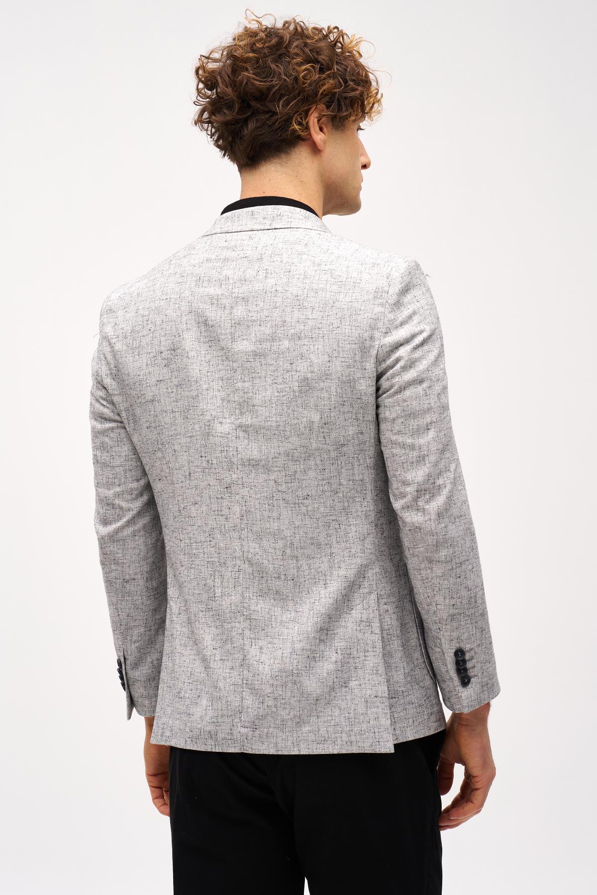 Siyah Slim Fit Dar Kalıp Mono Yaka Çizgili Uzun Kollu Keten Ceket