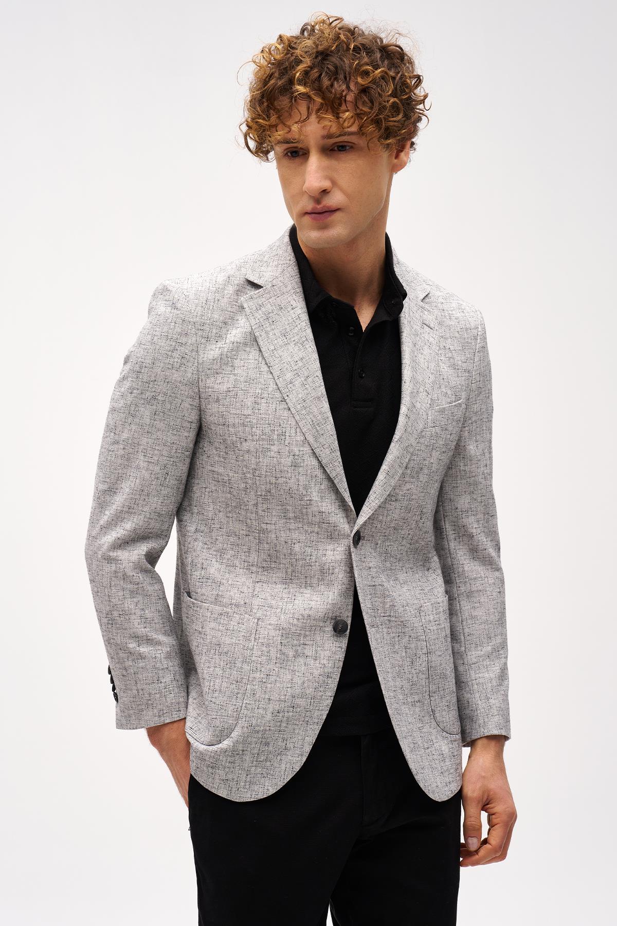 Siyah Slim Fit Dar Kalıp Mono Yaka Çizgili Uzun Kollu Keten Ceket