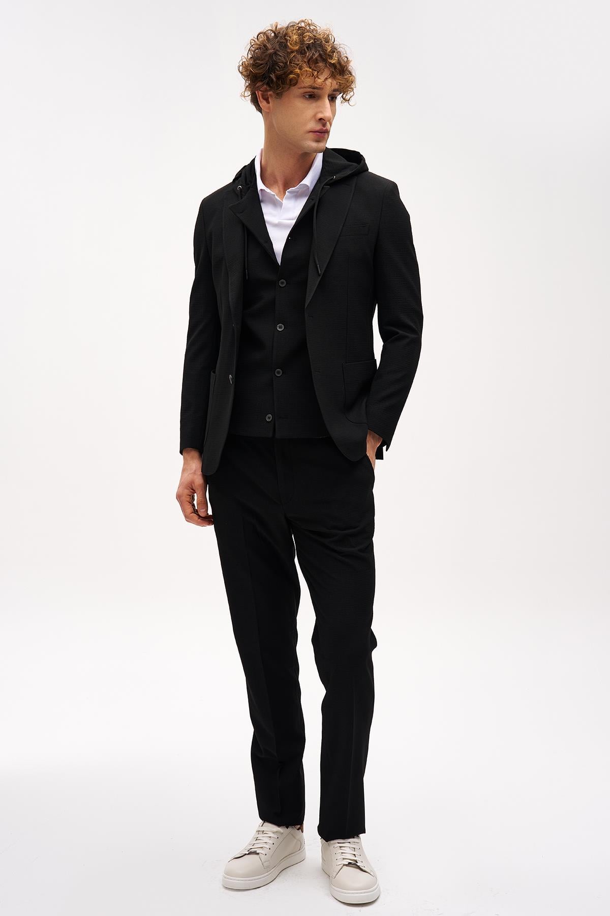 Erkek Siyah Slim Fit / Dar Kalıp Mono Yaka Kombinli Takım Elbise
