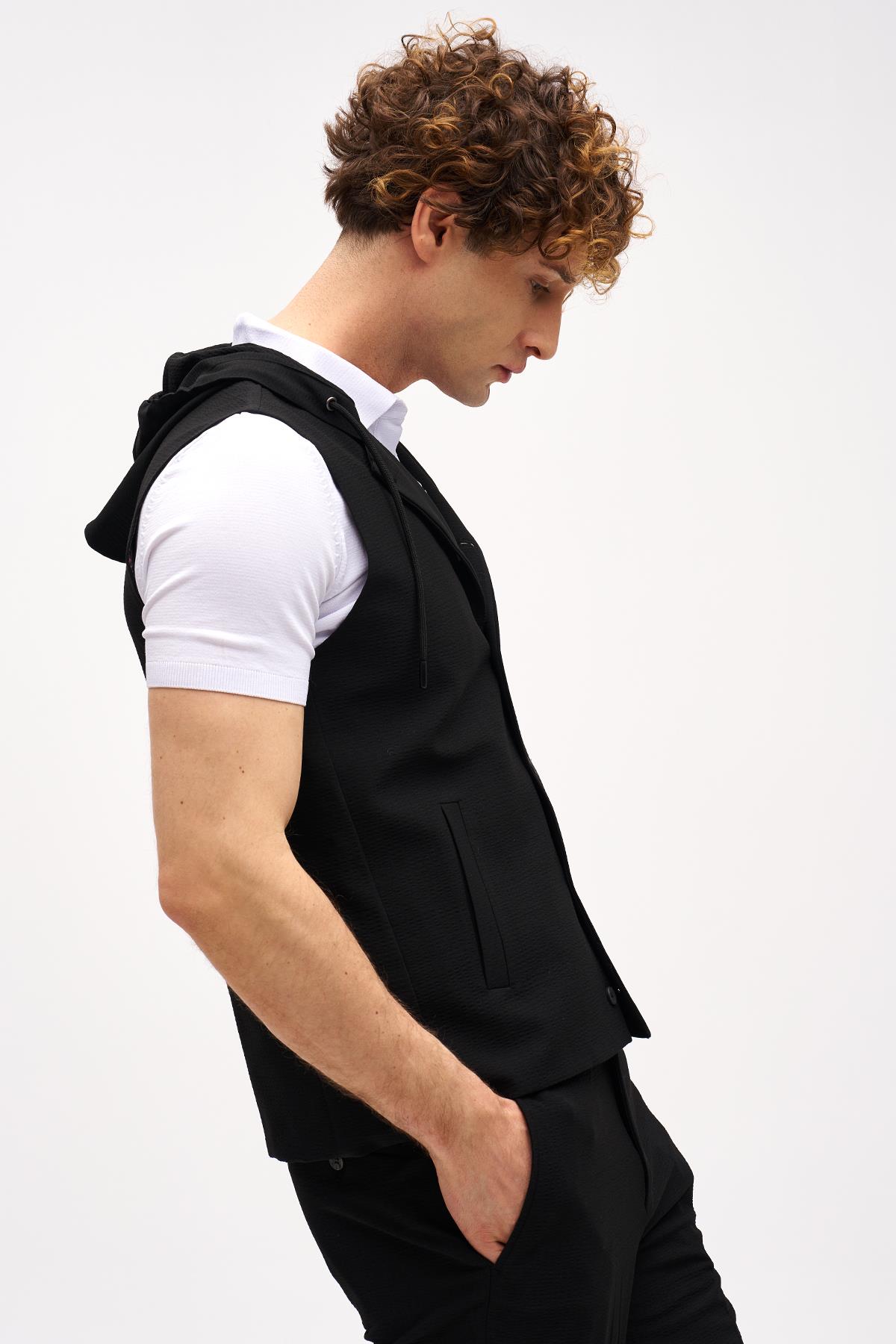 Erkek Siyah Slim Fit / Dar Kalıp Mono Yaka Kombinli Takım Elbise
