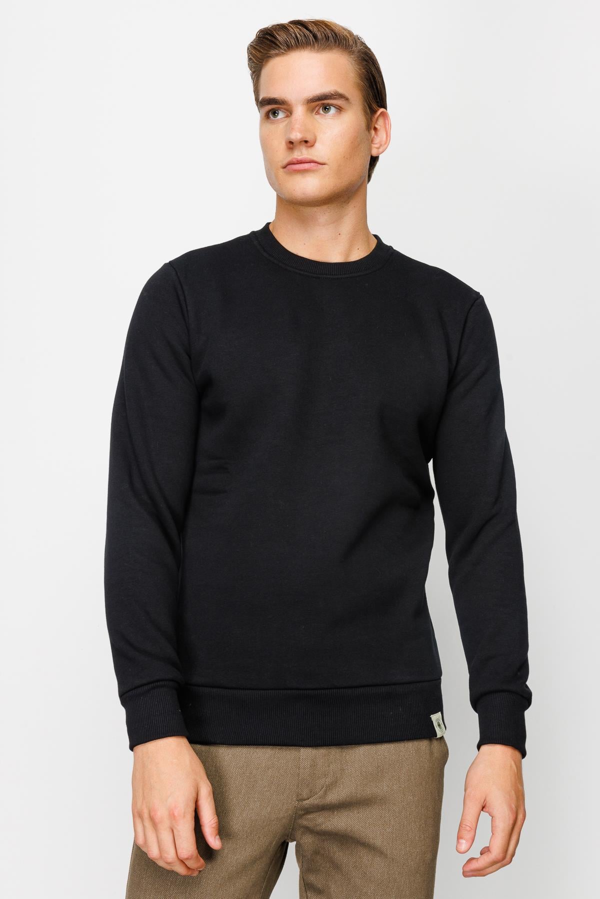 Erkek Siyah  Bisiklet Yaka Sweatshirt