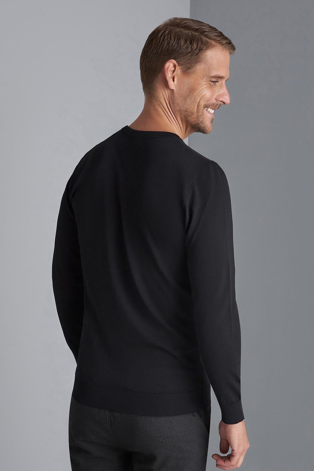 Siyah Slim Fit Dar Kalıp Bisiklet Yaka Düz Uzun Kollu Triko
