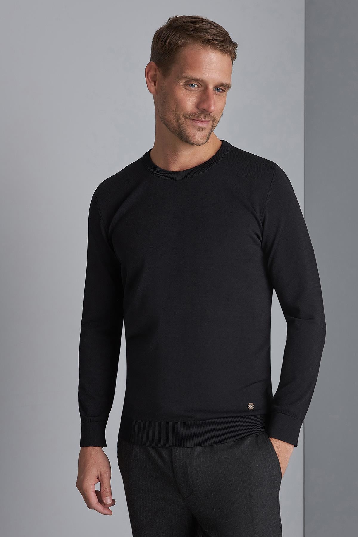 Siyah Slim Fit Dar Kalıp Bisiklet Yaka Düz Uzun Kollu Triko