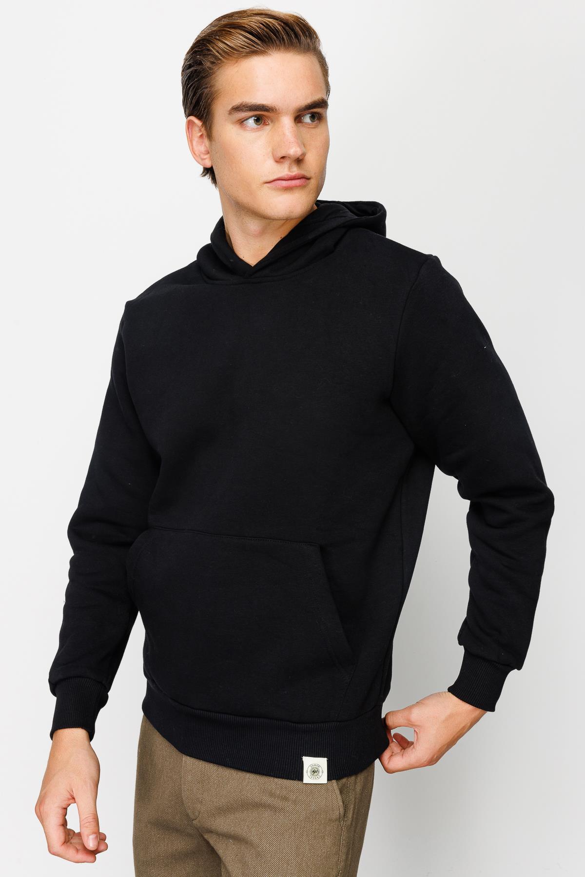 Erkek Siyah  Kapşonlu Sweatshirt