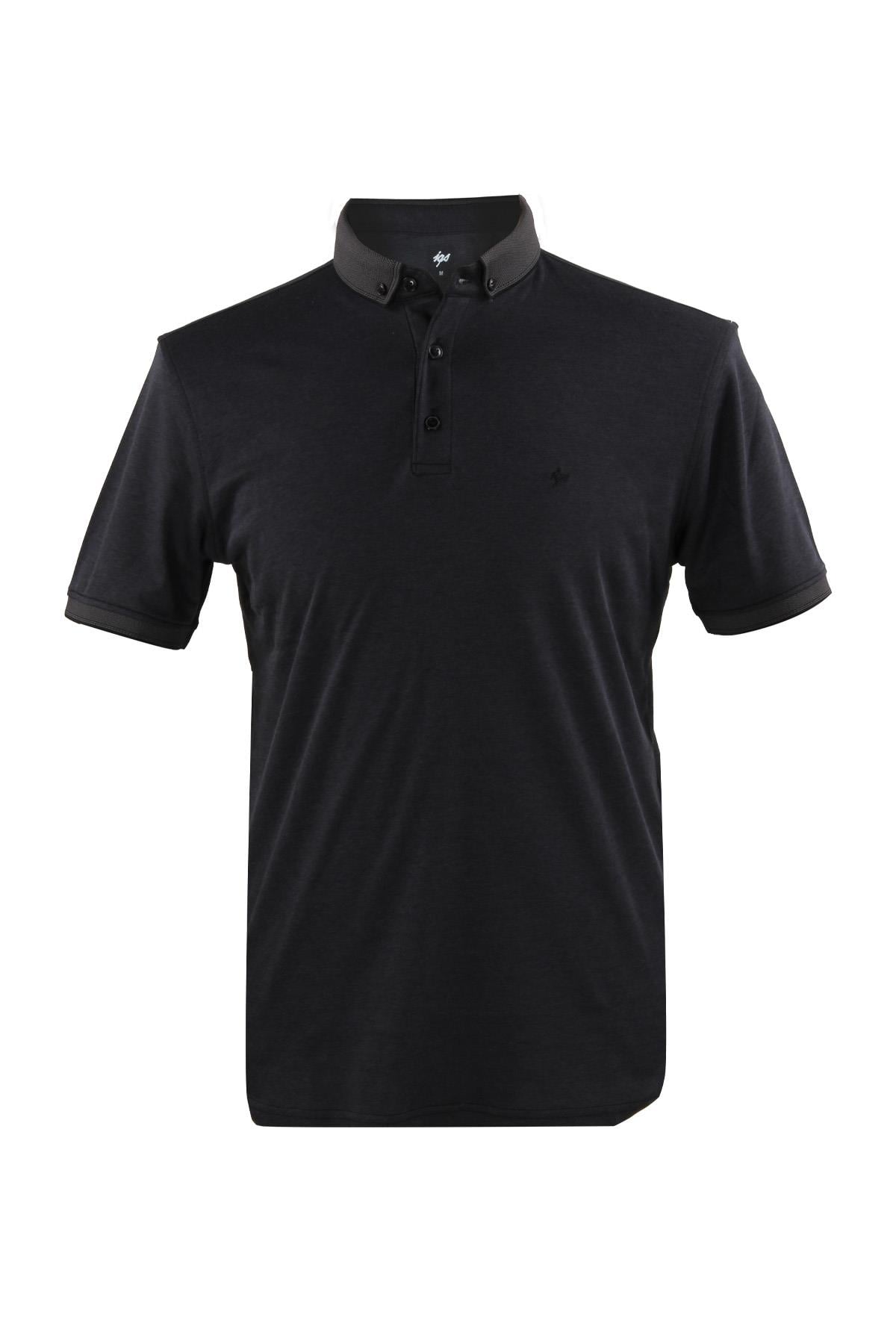 Siyah Slim Fit Dar Kalıp Düğmeli Polo Yaka Düz Kısa Kollu Pamuklu Tişört