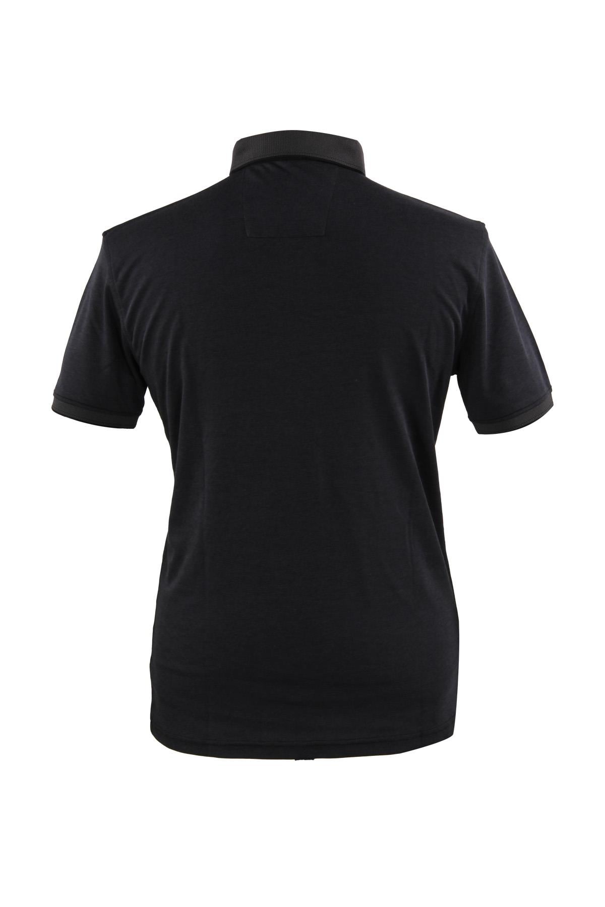 Siyah Slim Fit Dar Kalıp Düğmeli Polo Yaka Düz Kısa Kollu Pamuklu Tişört