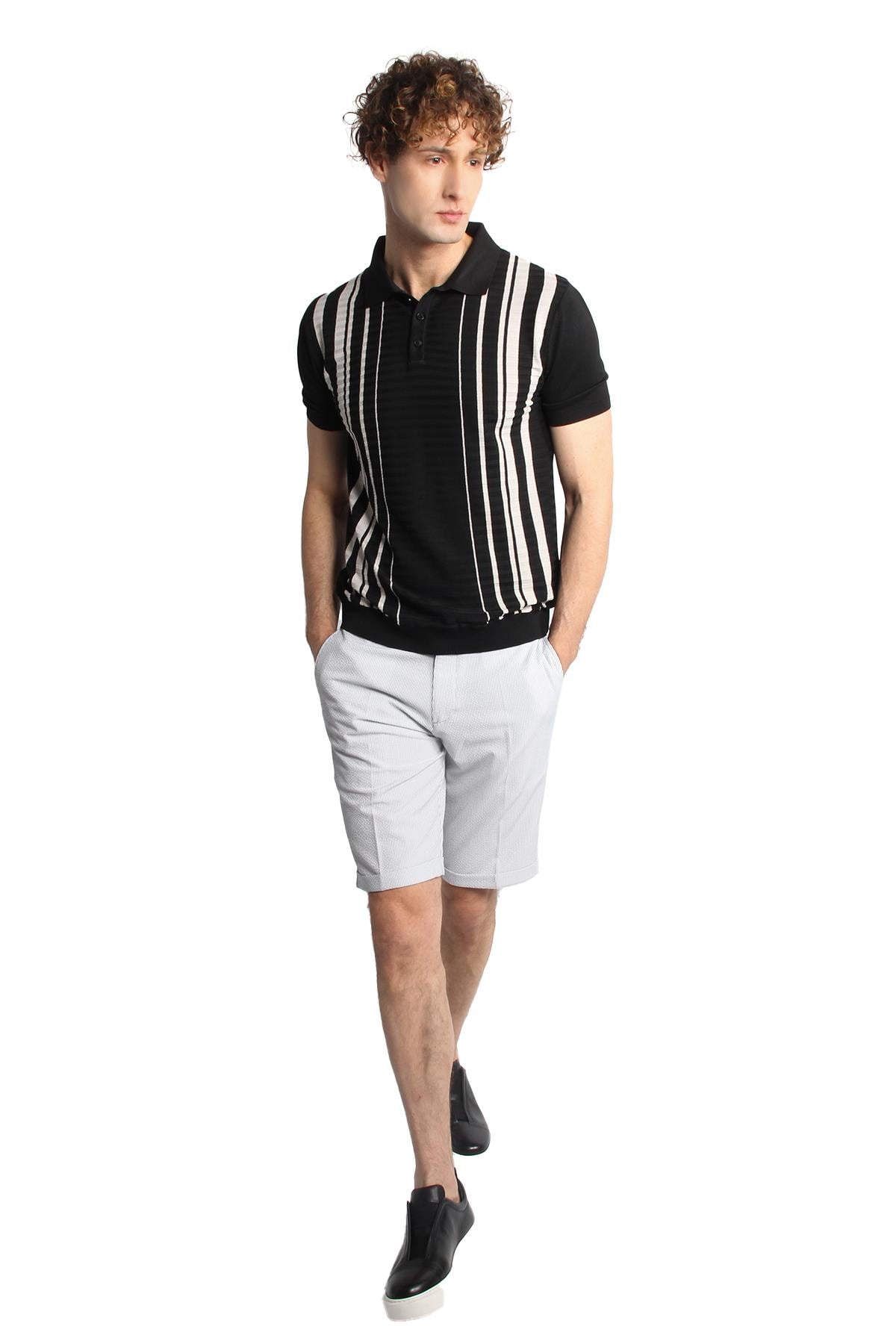 Erkek Siyah Slim Fit Dar Kalıp Düğmeli Polo Yaka Desenli Kısa Kollu Triko Tişört