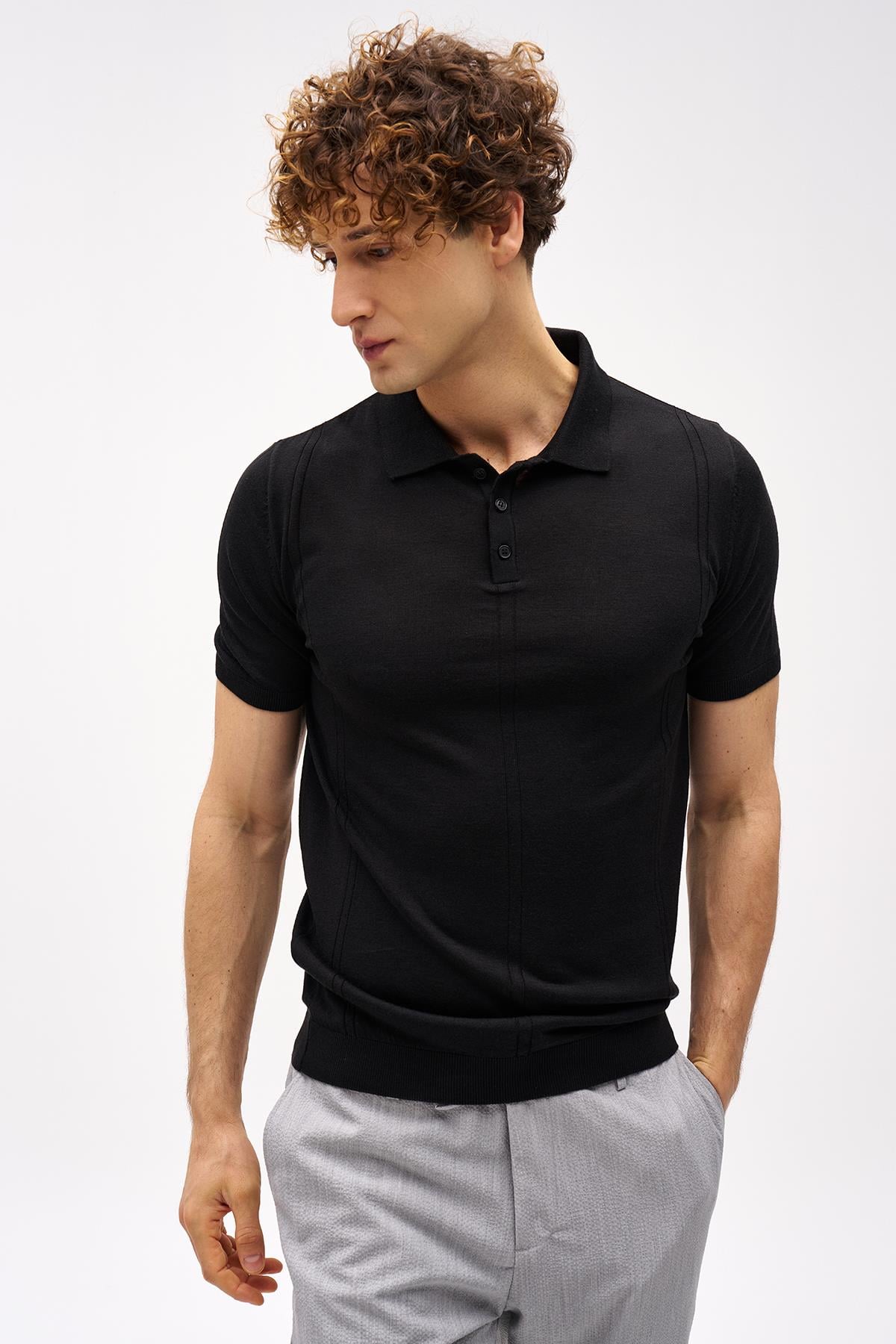Erkek Siyah Slim Fit Dar Kalıp Polo Yaka Düz Kısa Kollu Triko Tişört