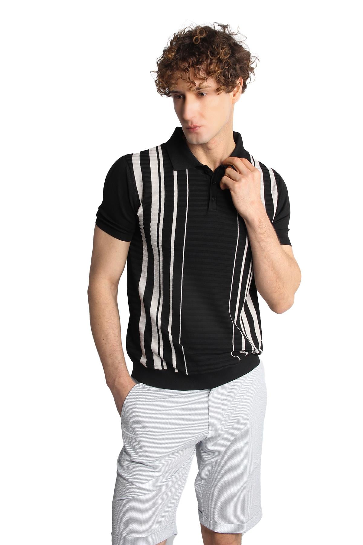 Erkek Siyah Slim Fit Dar Kalıp Düğmeli Polo Yaka Desenli Kısa Kollu Triko Tişört